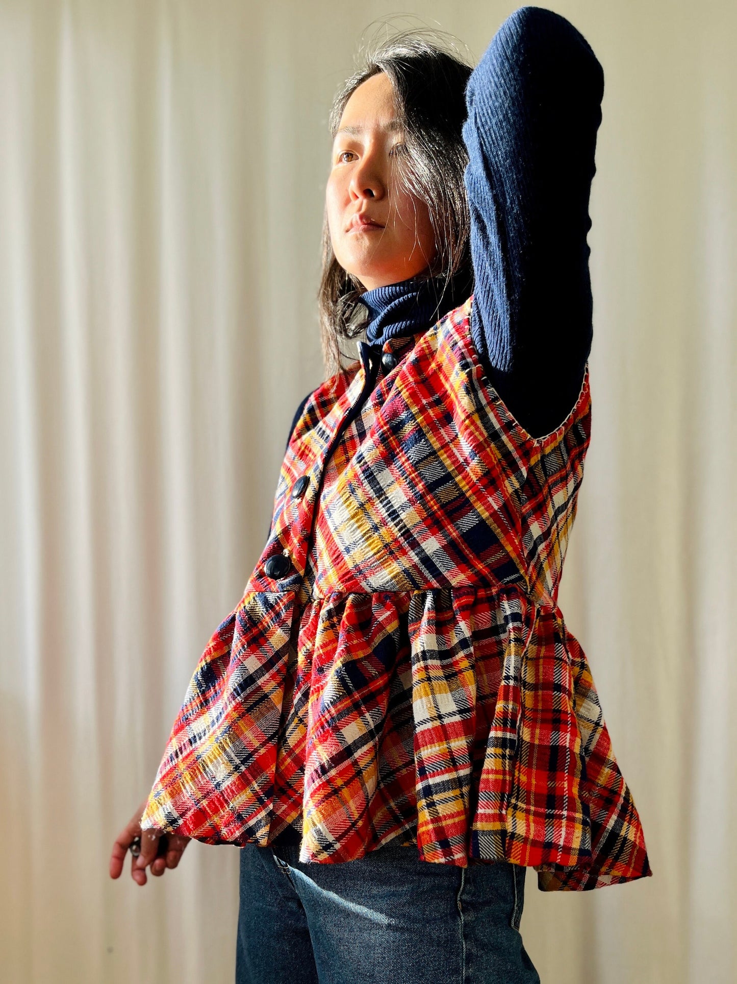 Repurposed Woven Skirt turns 60s pleated vest Waistcoat