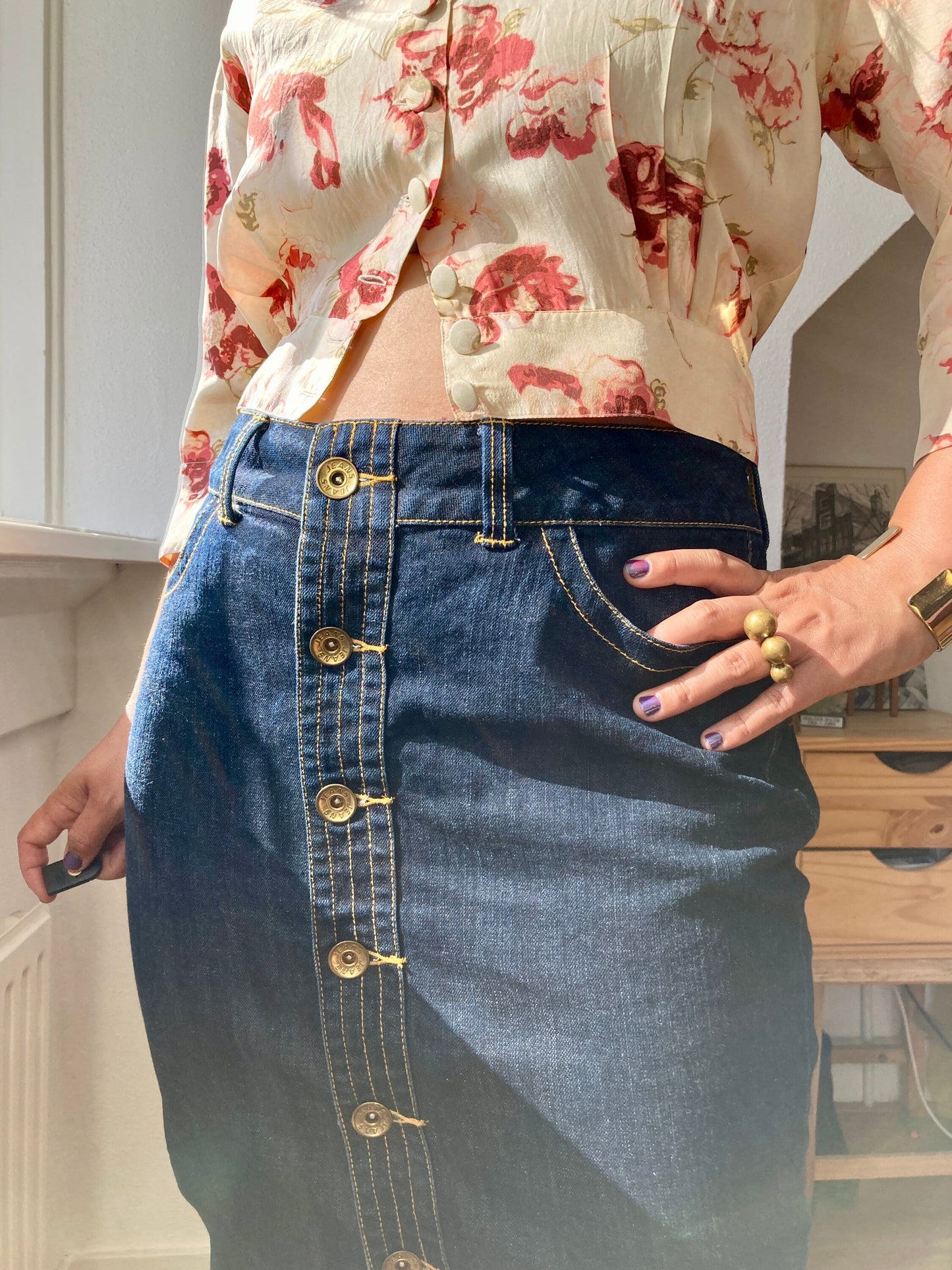 Vintage 90s High Waist Front button Denim Pencil skirt