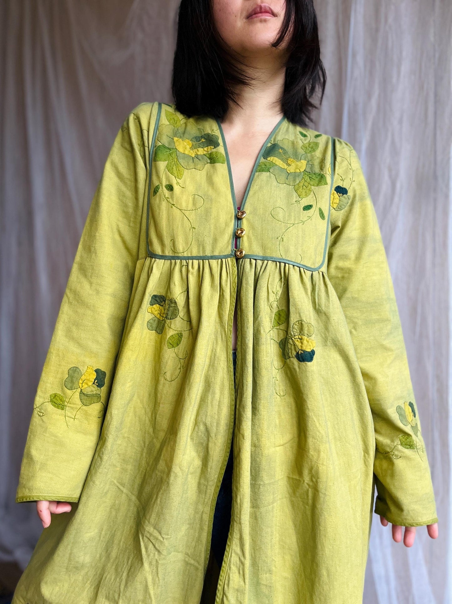 Dyed Green Appliqué tablecloth turns Goddess dress