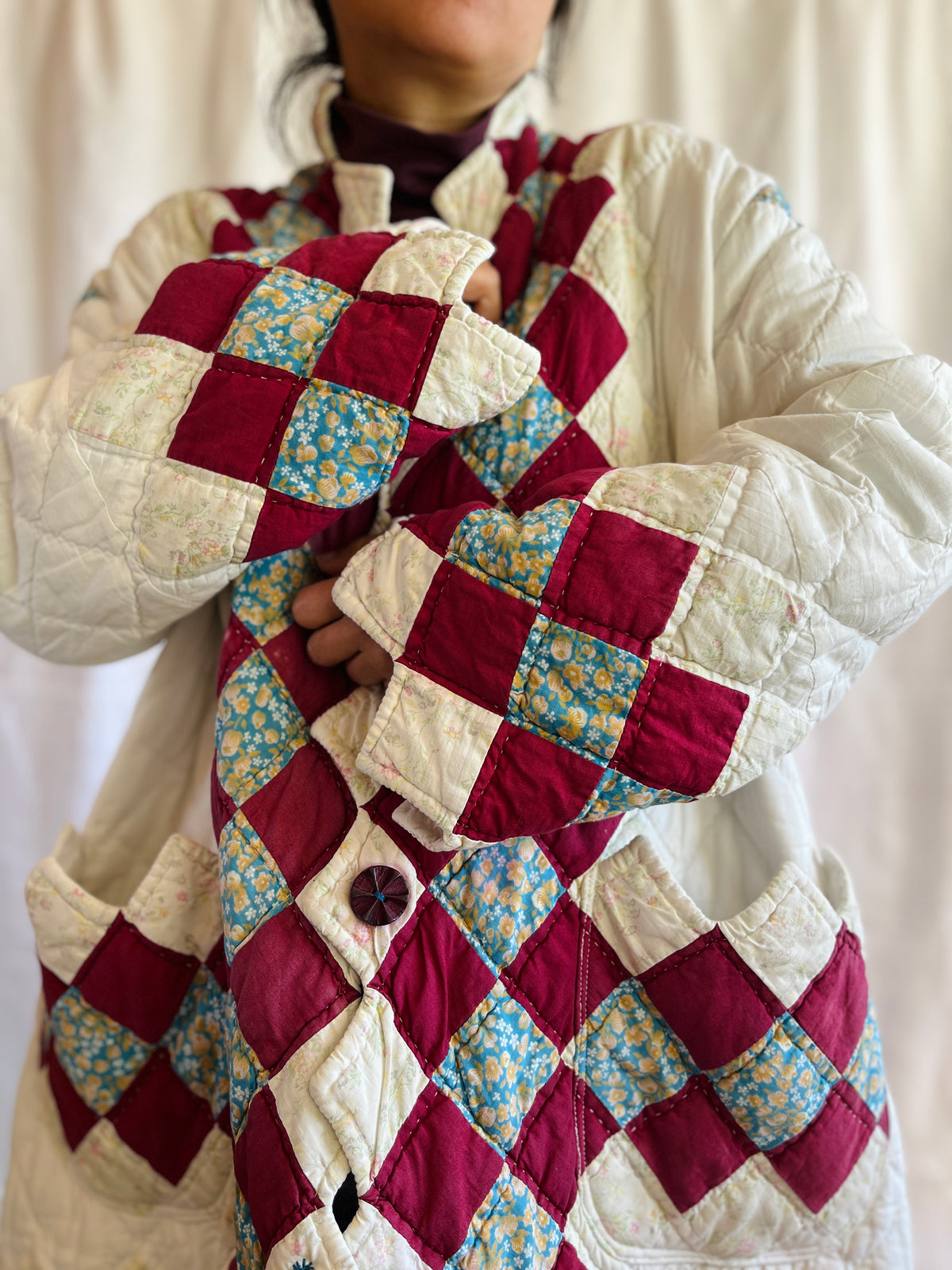 Hand quilted vintage blanket turns Long Coat