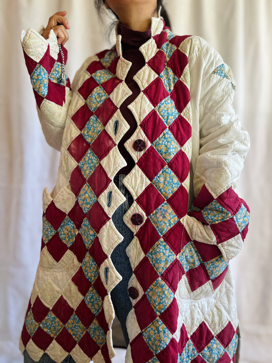 Hand quilted vintage blanket turns Long Coat