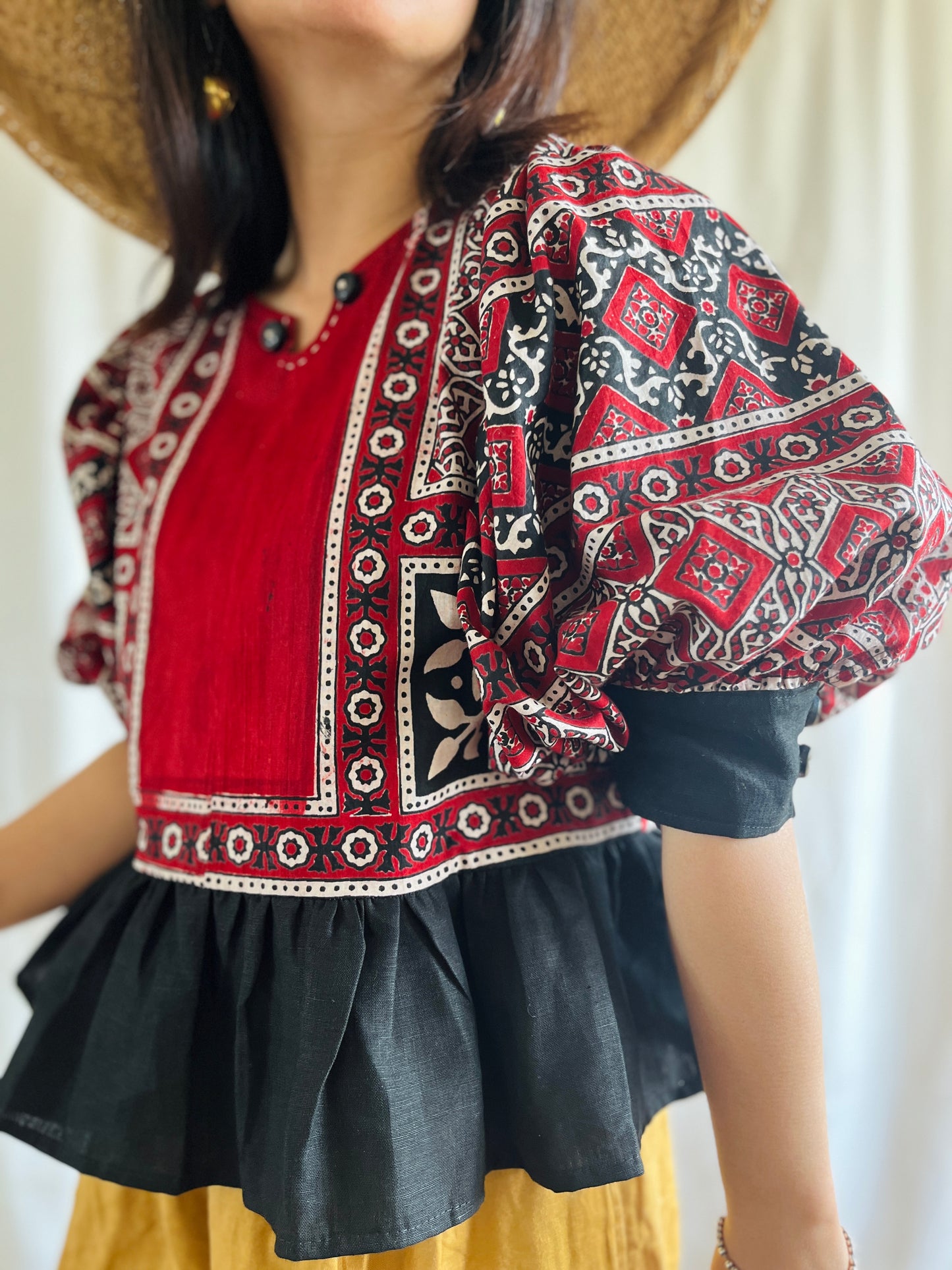 Silky Block Print Air Balloon Sleeve Tunic