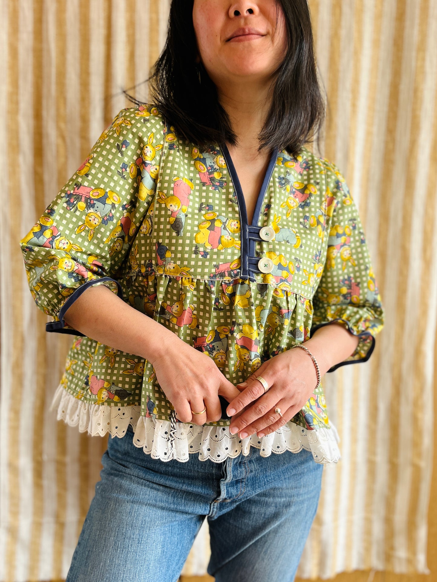Rabbit and Snail vintage textile Goddess Blouse