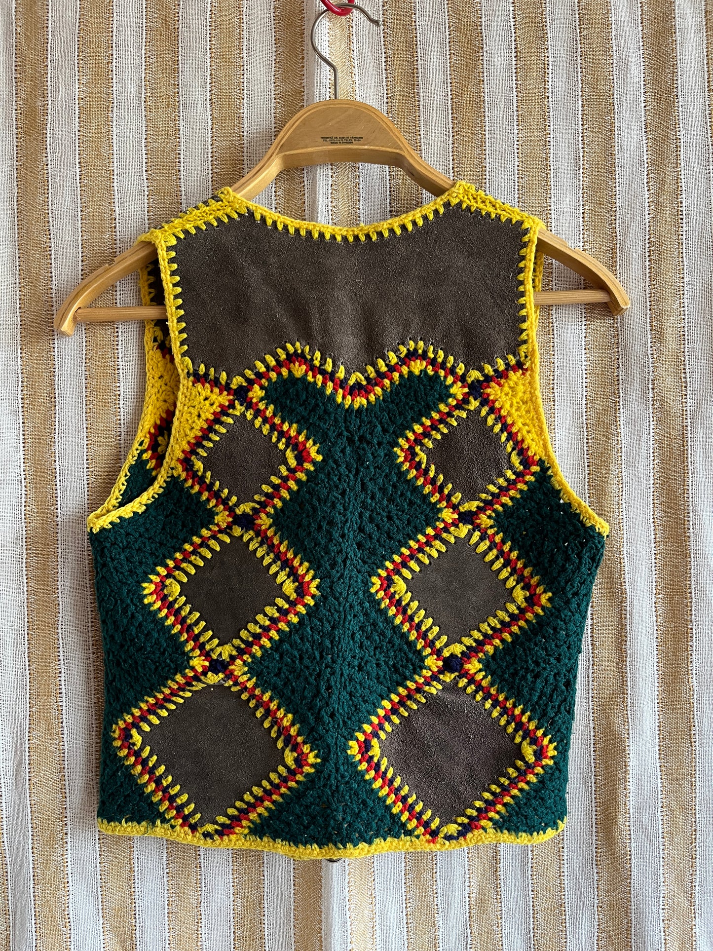 Vintage handmade Suede Crochet Patchwork Gilet
