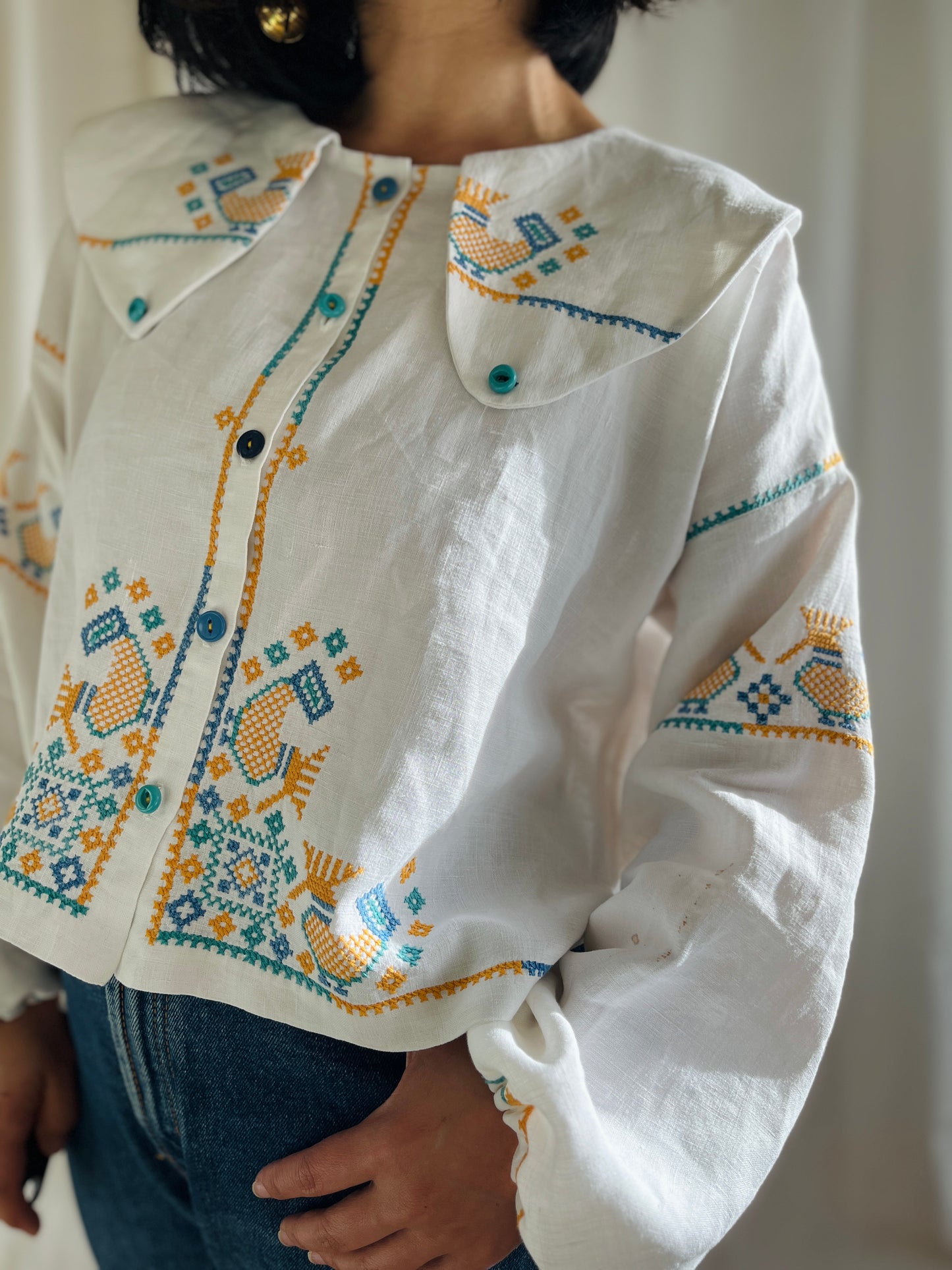 🎴 Love birds linen big collar blouse