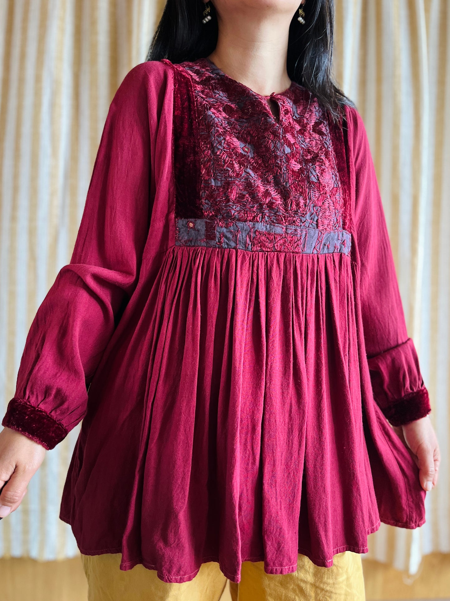 70s Burgundy velvet Afghanistan Silk embroidery Tunic
