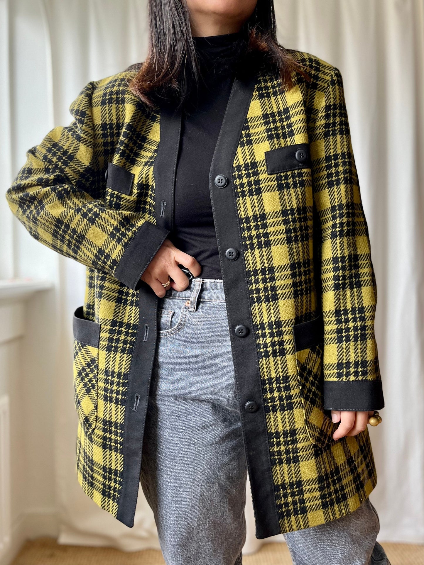 80s Light Wool Coat Checker Mustard black Houndstooth Long Blazer