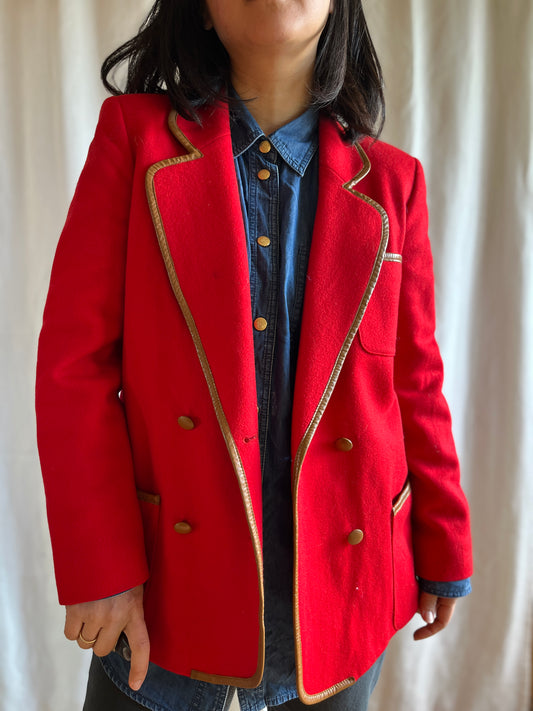 70s Cherry Red Wool Blazer with leather trims