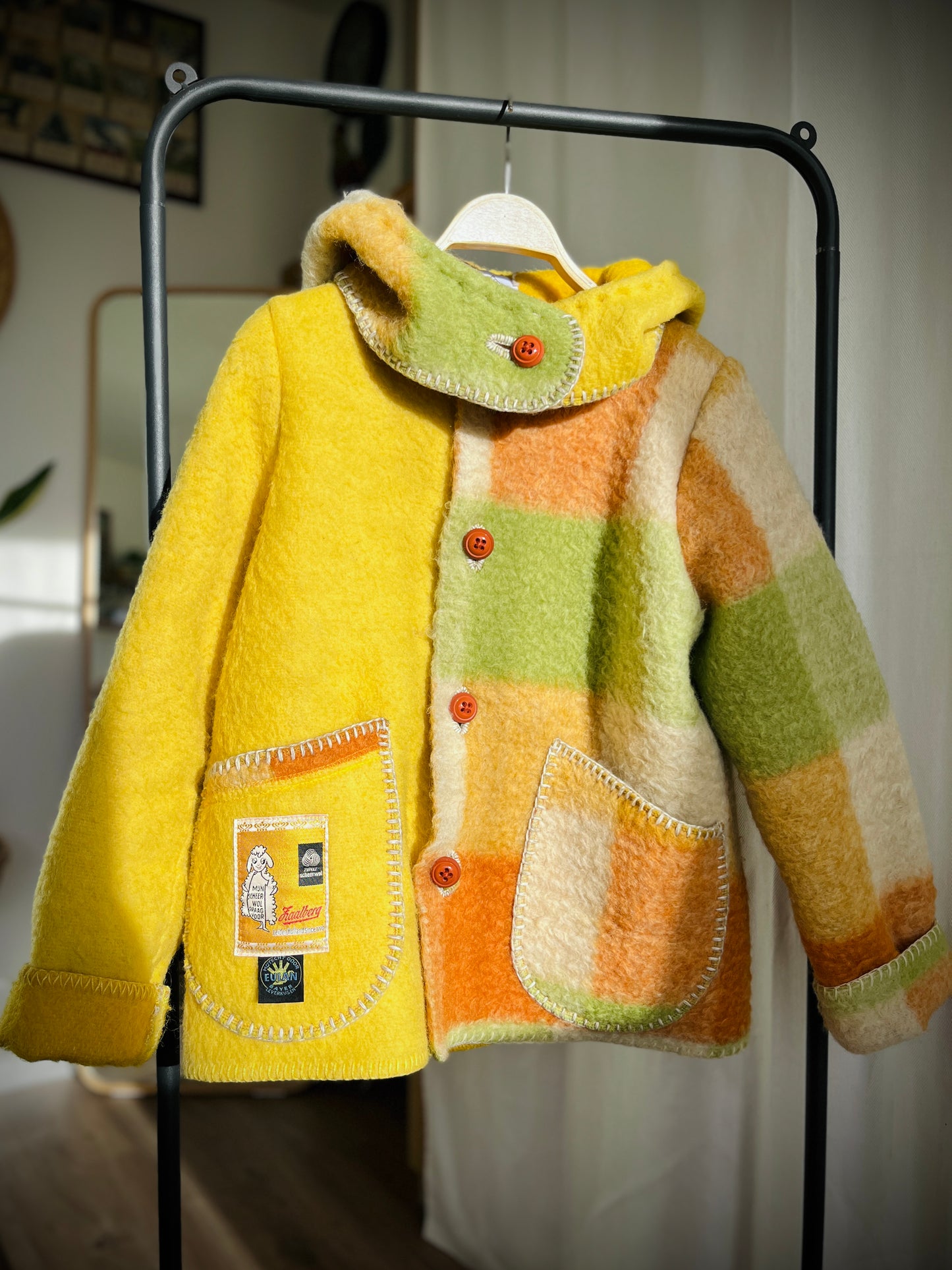 Repurpose thick wool blanket turns cosy winter coat with detachable Hoodie