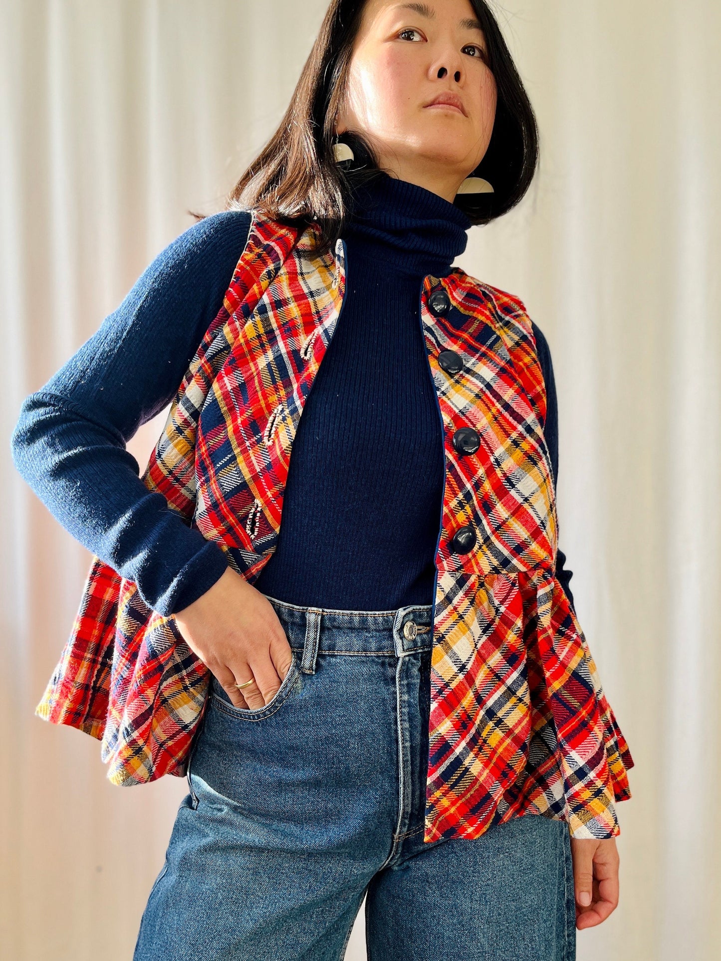 Repurposed Woven Skirt turns 60s pleated vest Waistcoat