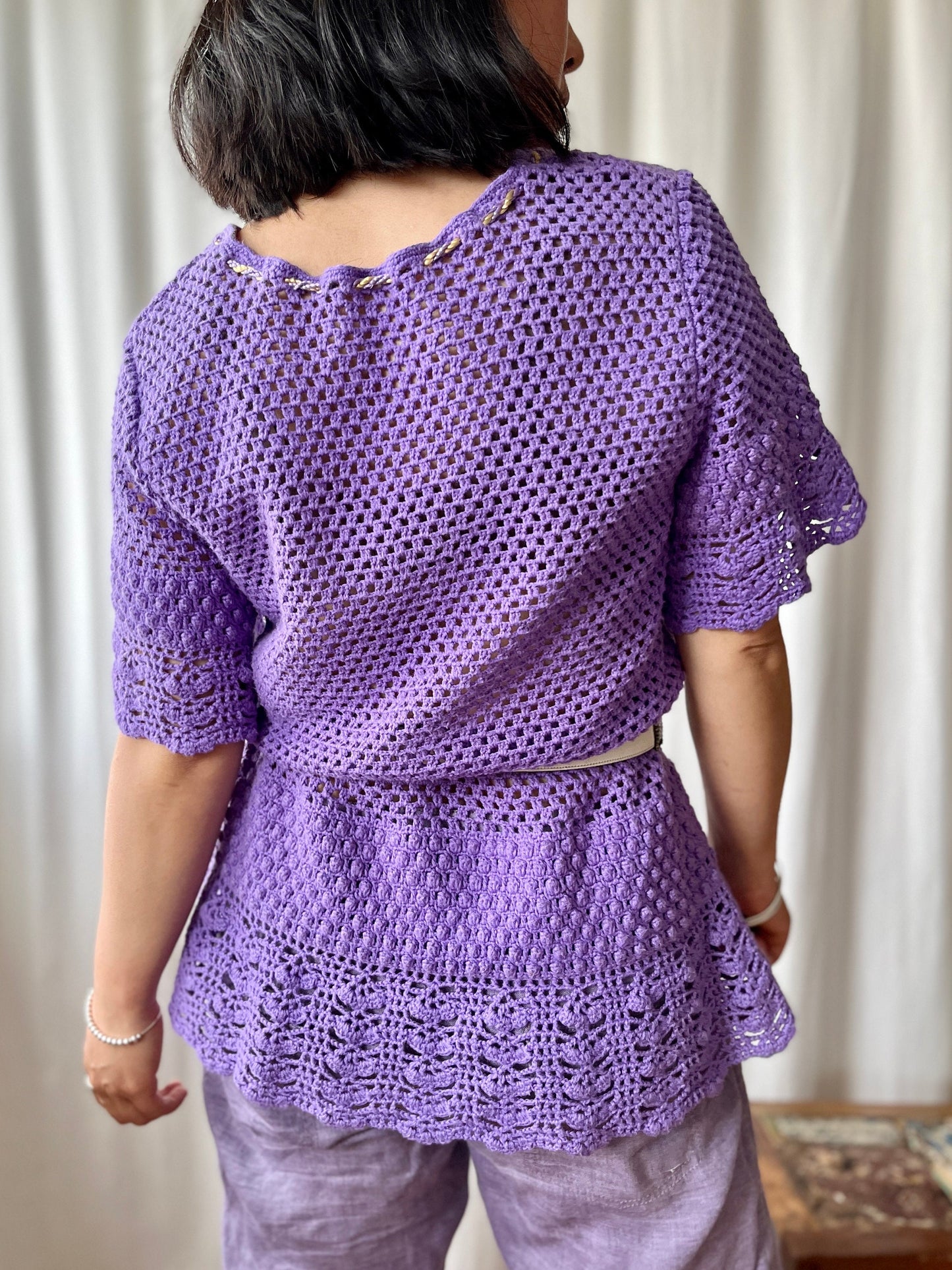 Handmade Vintage Crochet romantic lilac pullover with bell sleeves