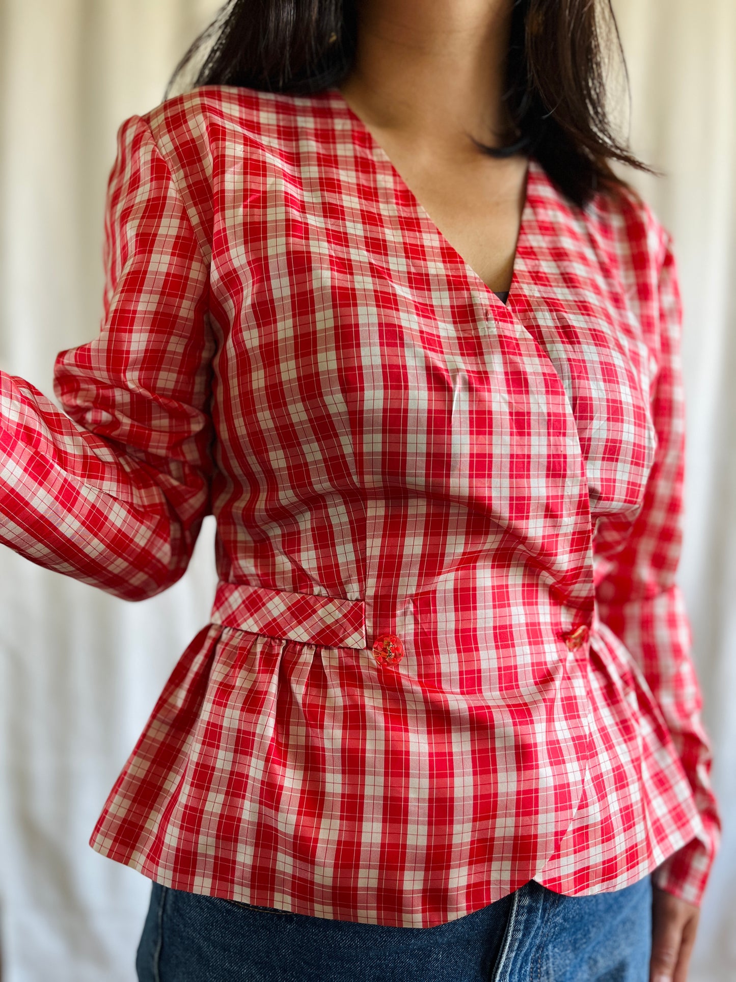 Handmade Vintage 60s Sweet Cherry Gingham Sweetheart Blouse