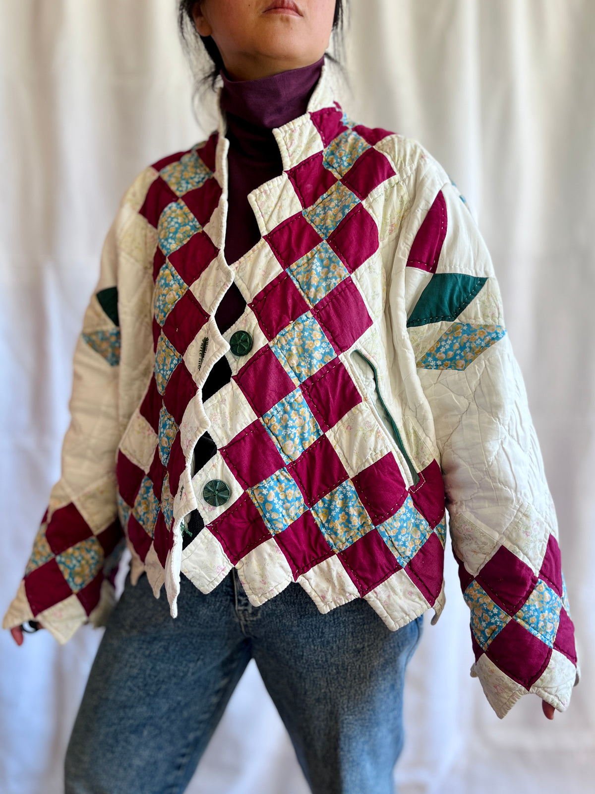 Hand quilted vintage blanket turns Short Coat