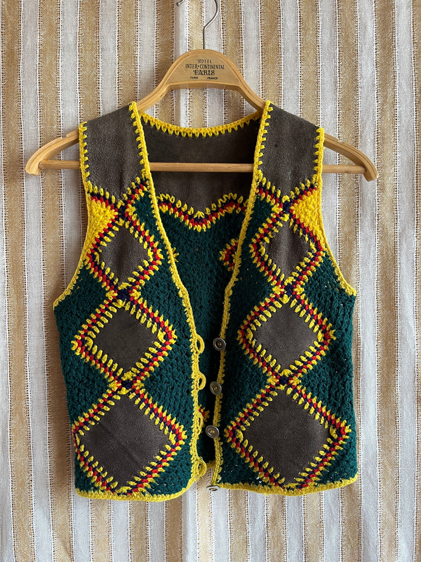 Vintage handmade Suede Crochet Patchwork Gilet