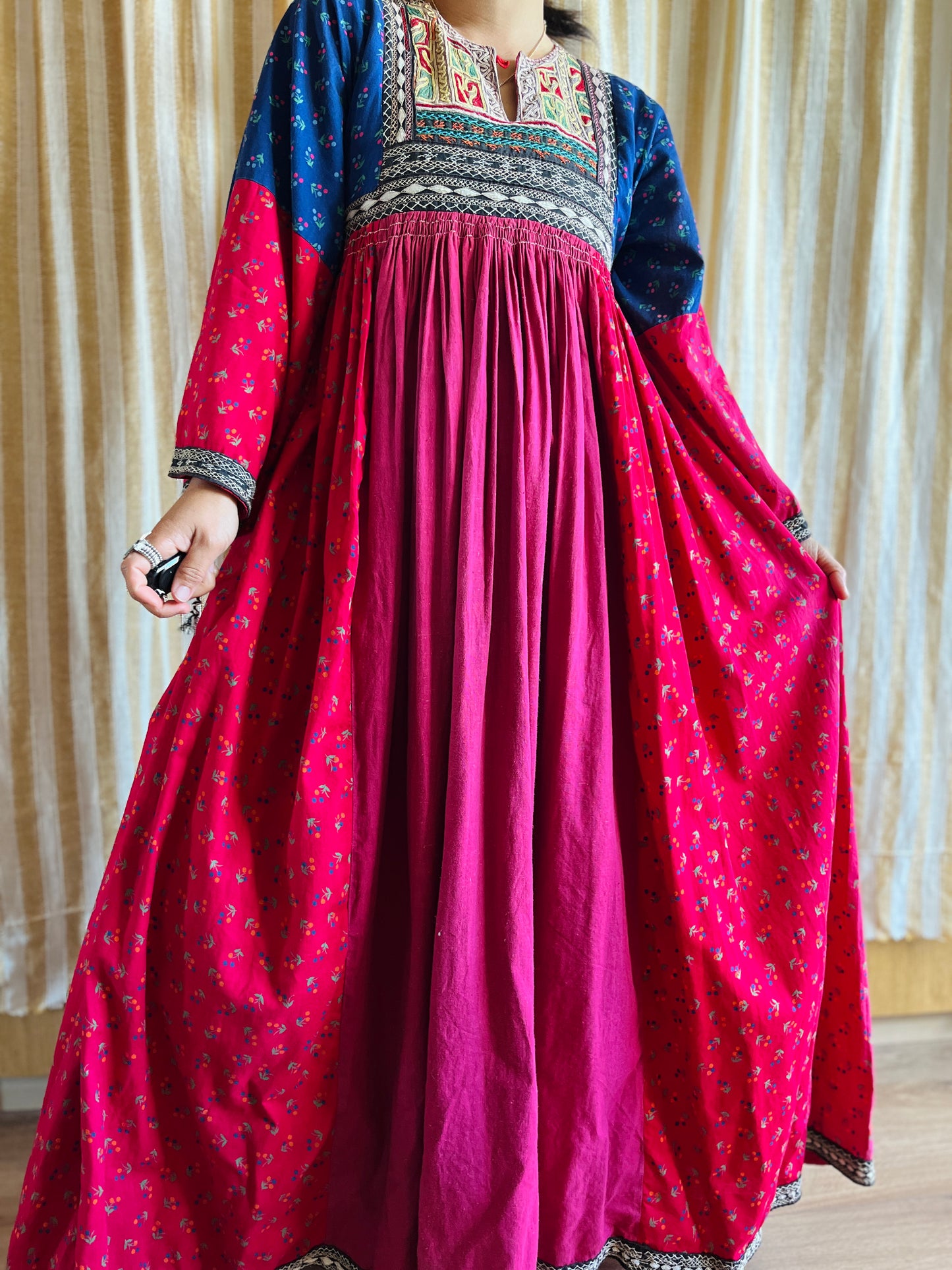 Afghan folk dress Smocking hand embroidery maxi dress