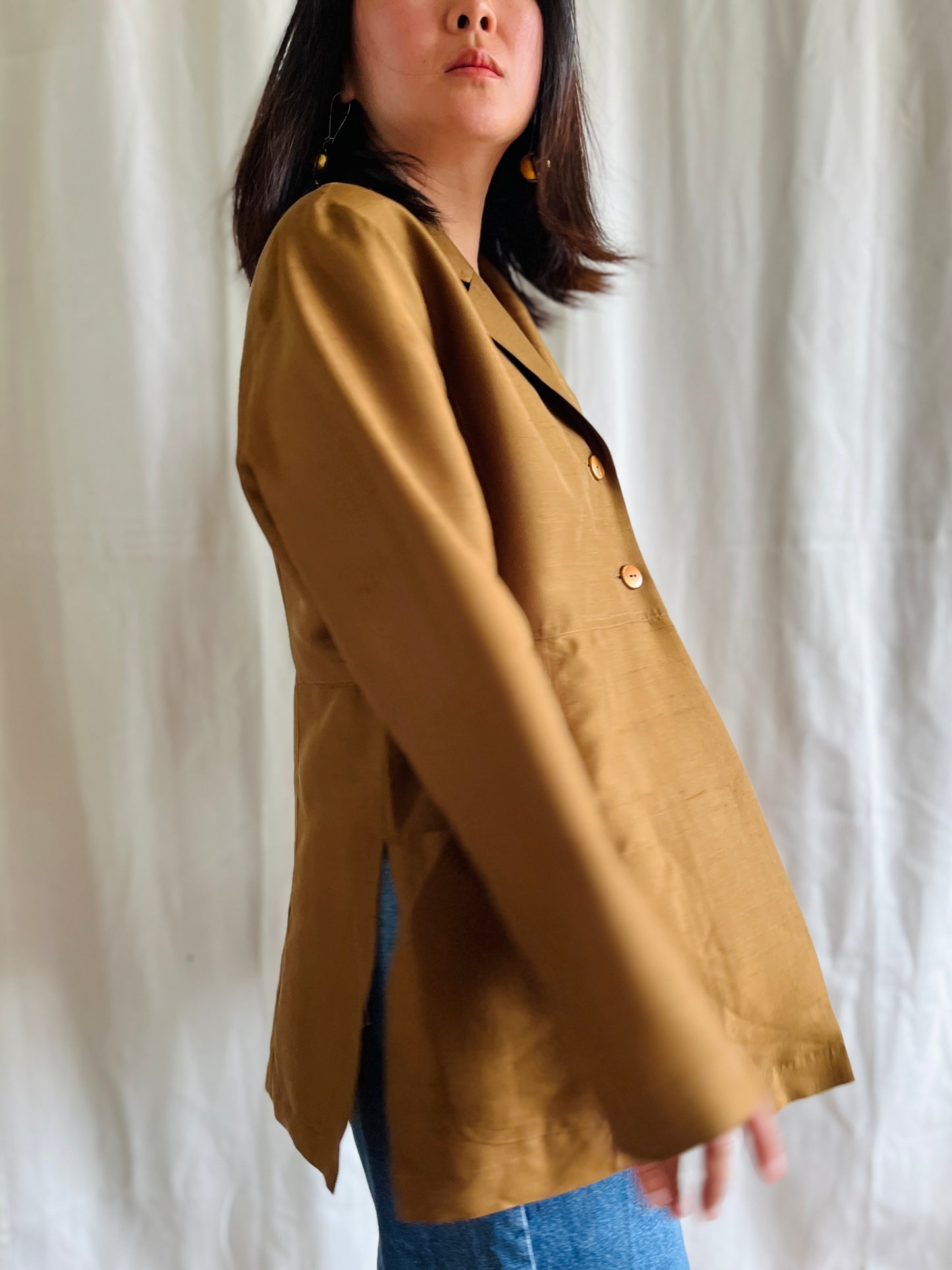 Luxury Vintage Air Thin Silk Designer Blazer In Copper Gold