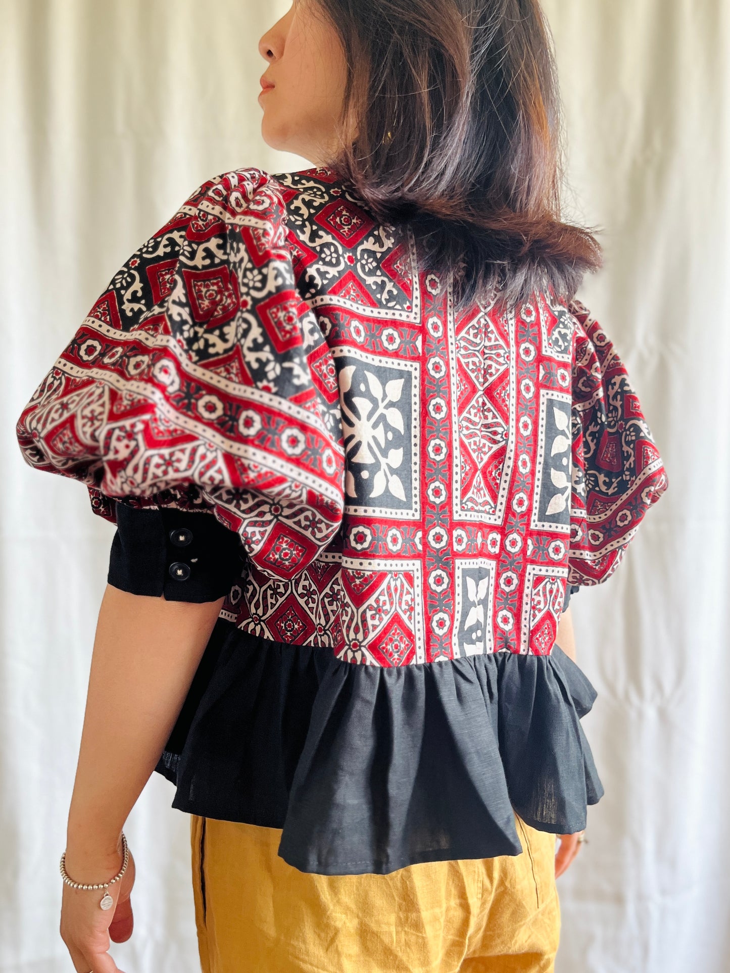 Silky Block Print Air Balloon Sleeve Tunic