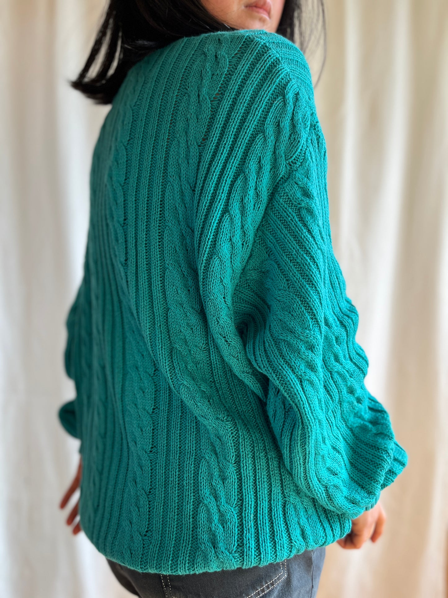 Vneck Cotton cable knit boyfriend jumper in turquoise blue