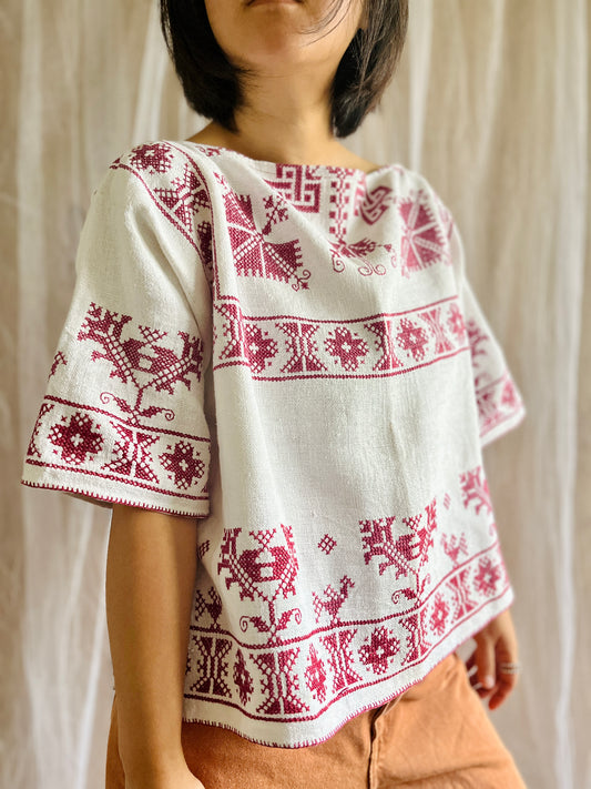 Antique Cross Stitches Embroidered table linen turns boxy cropped tee