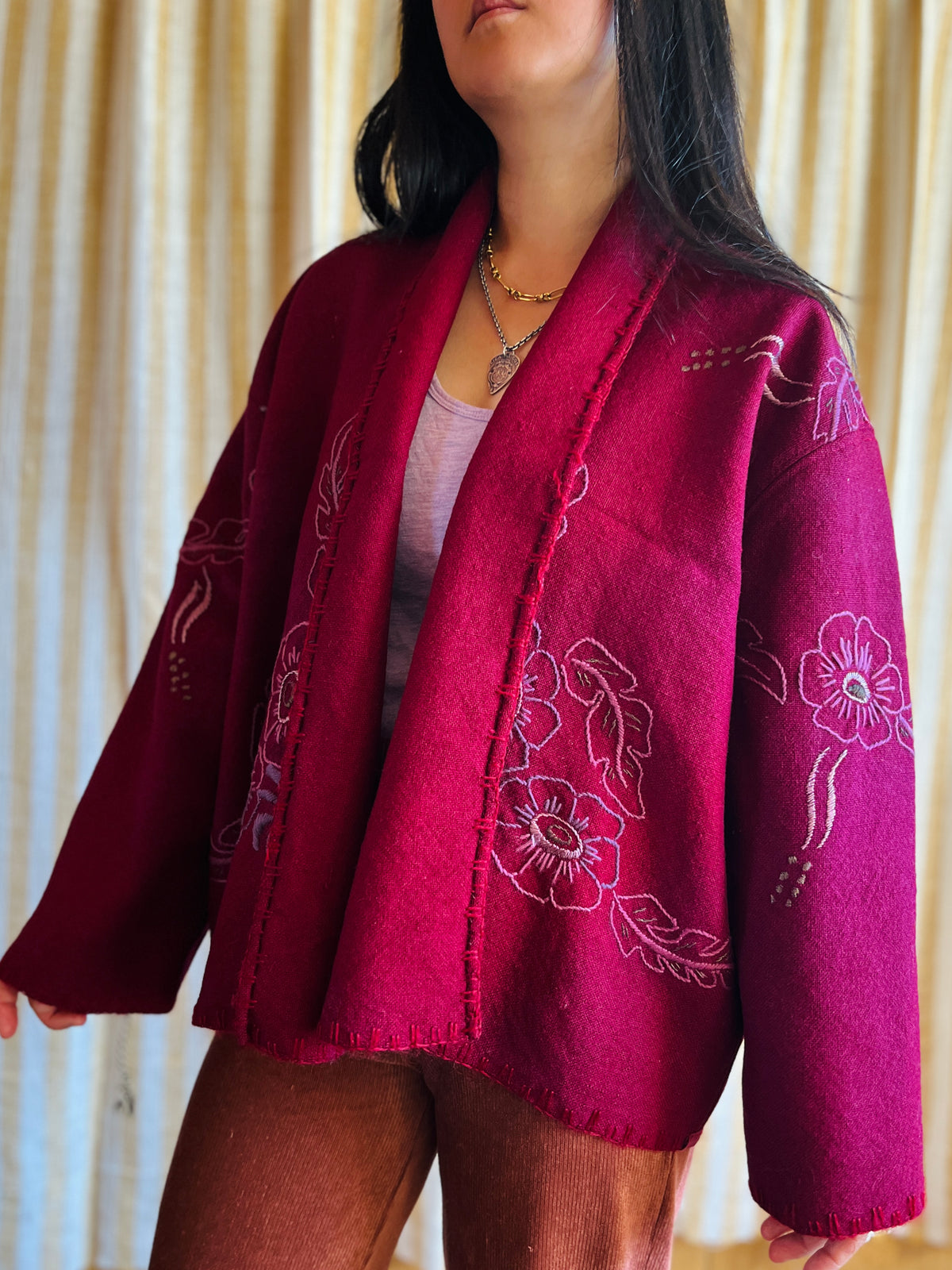 Double Wool Short Kimono with silk and metallic embroidery