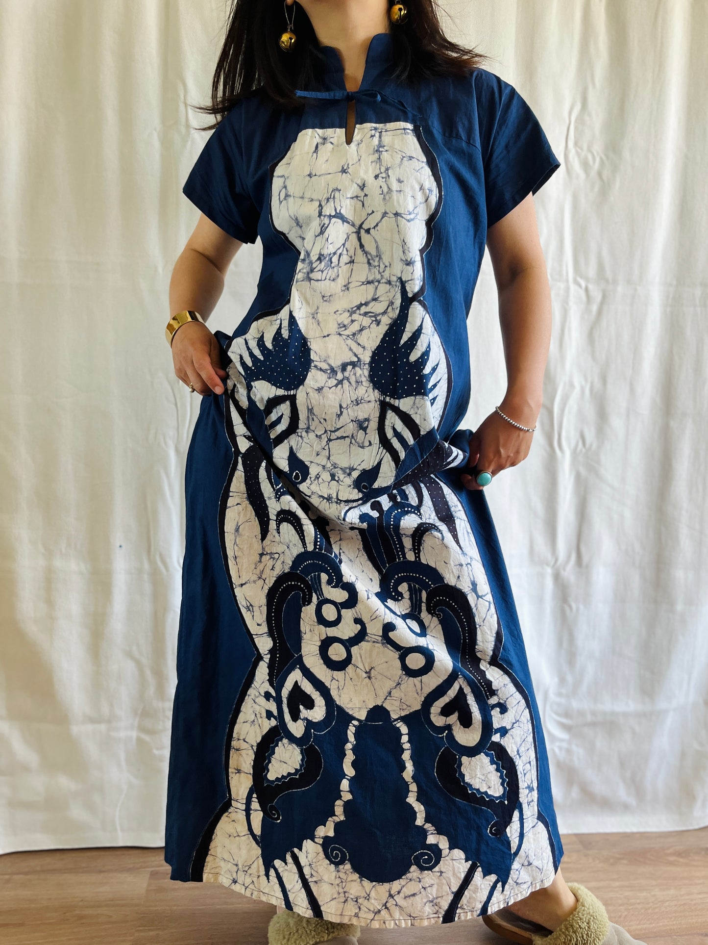 Vintage handmade Tie Dye Party Dress Maxi high neck with ribbons