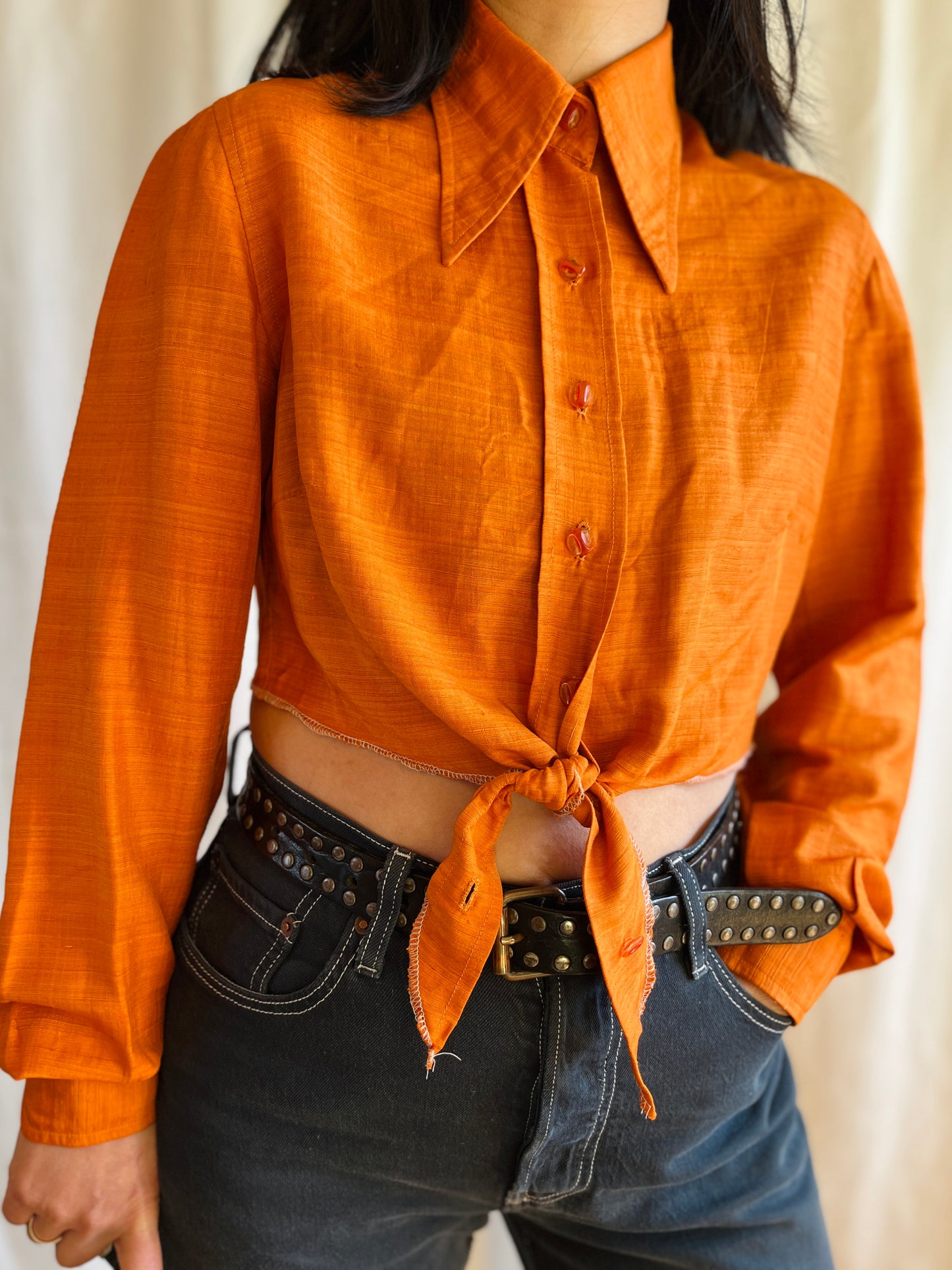 70s Pointy Collar copper metallic orange festive cropped shirt