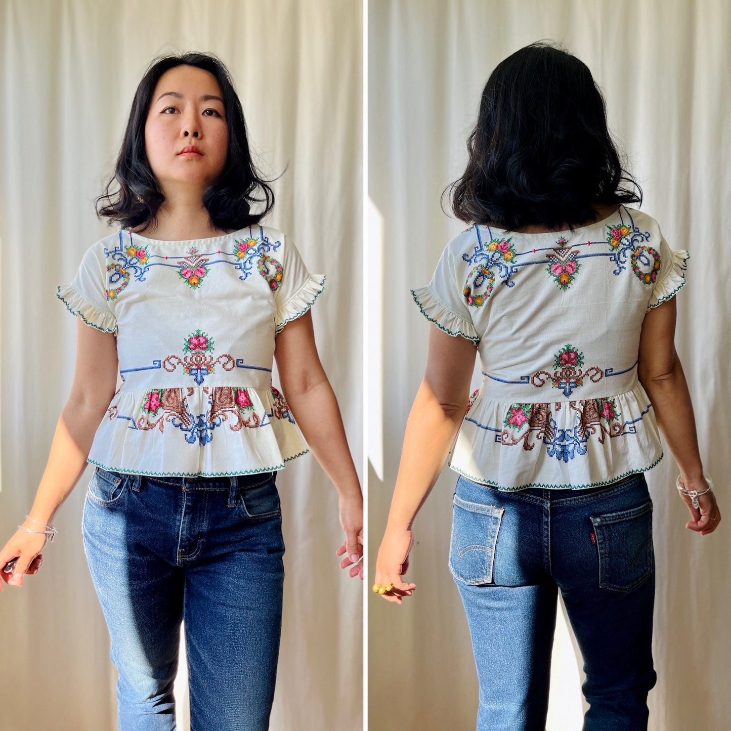 Thursday Blouse (Petite) - Repurpose from vintage hand embroidered table linen