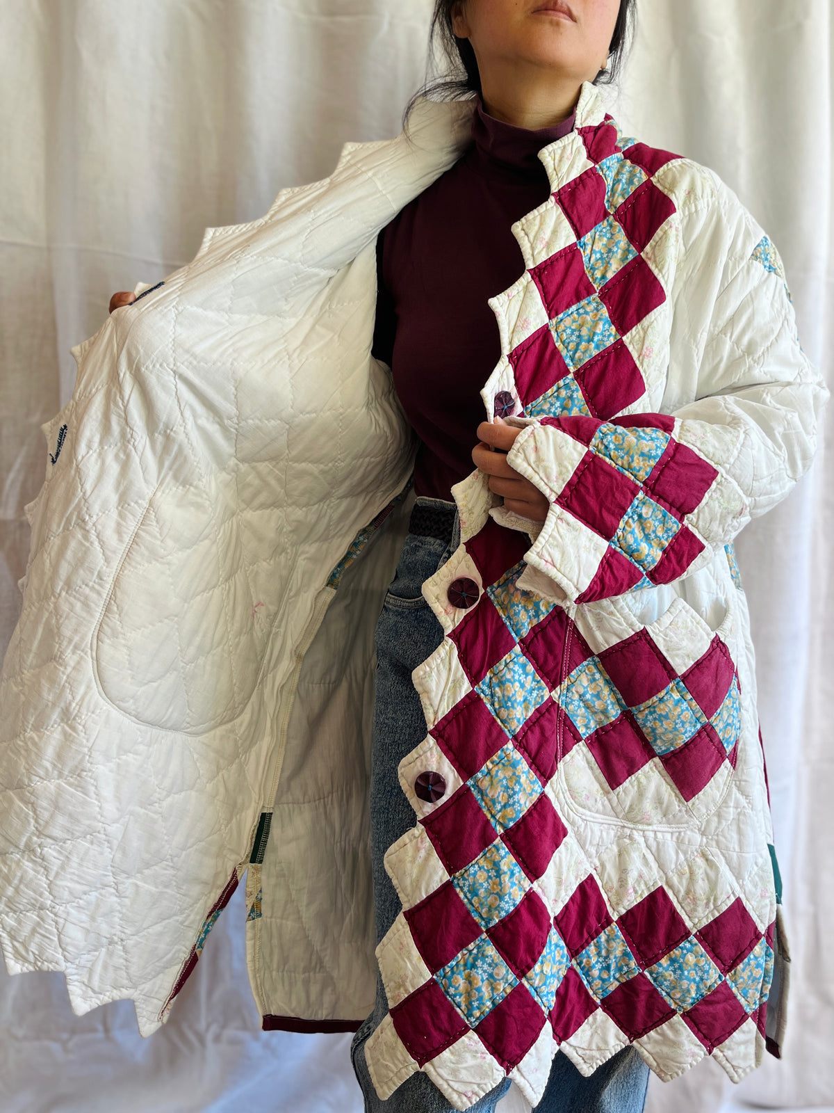 Hand quilted vintage blanket turns Long Coat