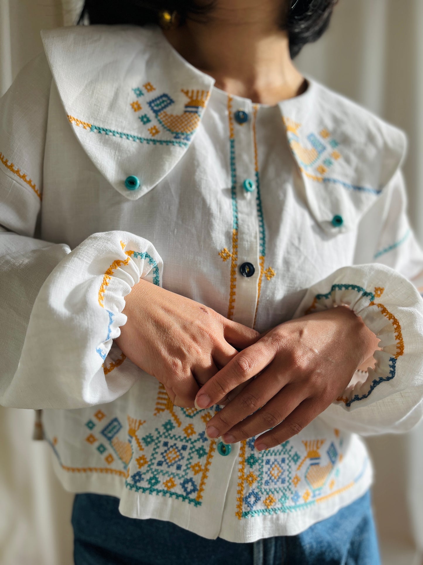 🎴 Love birds linen big collar blouse