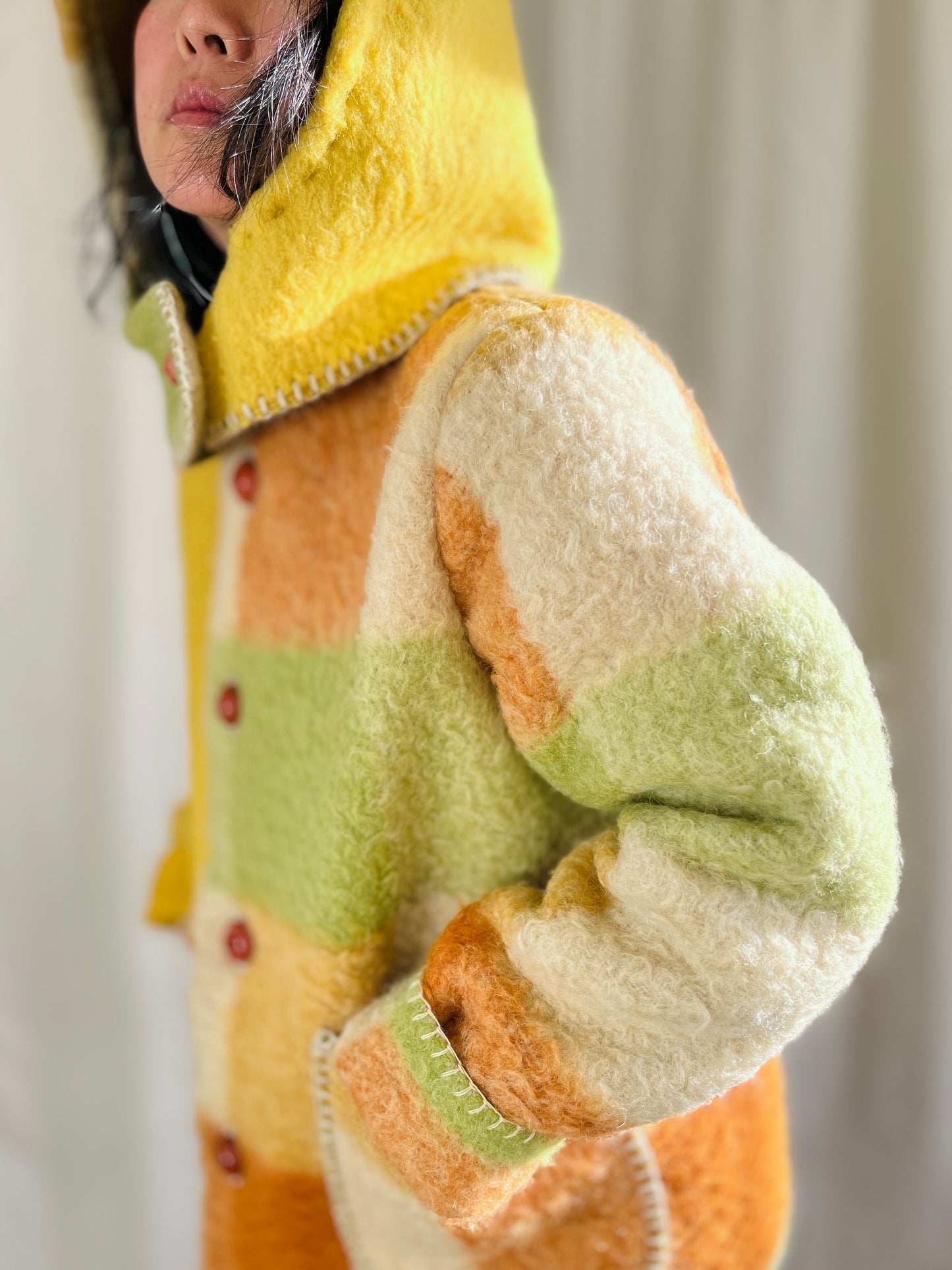 Repurpose thick wool blanket turns cosy winter coat with detachable Hoodie