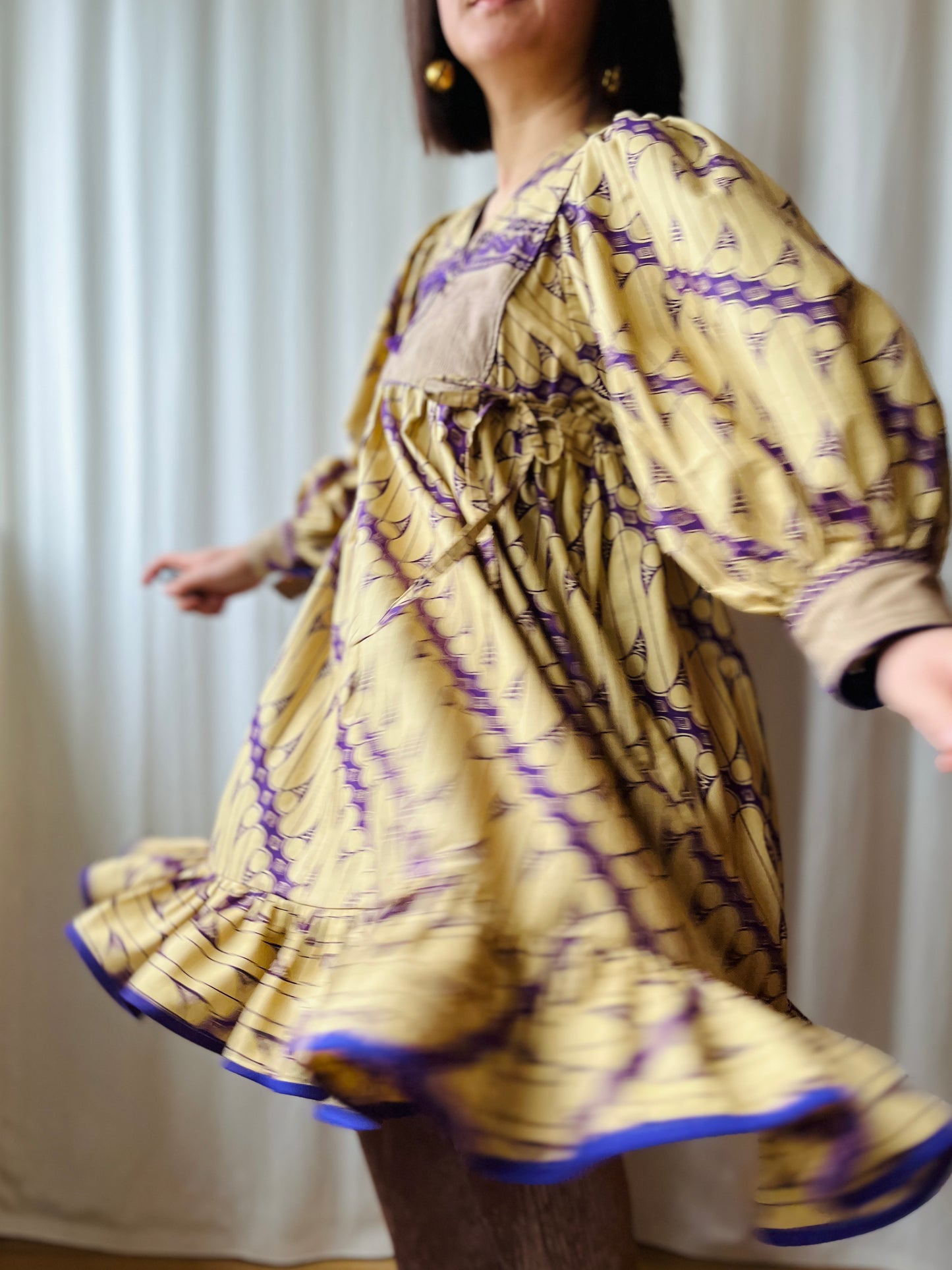 Batik Fabric turns 70s Goddess Dress Balloon Sleeves