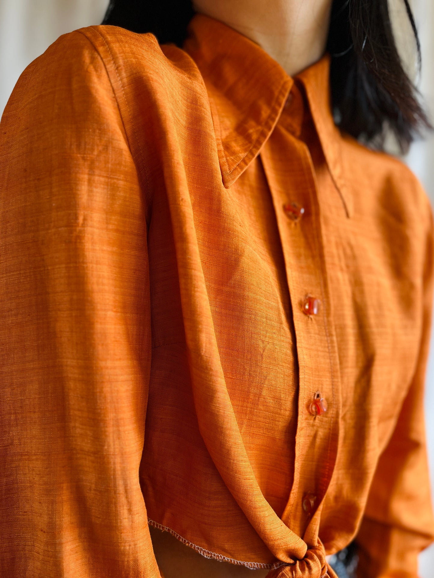 70s Pointy Collar copper metallic orange festive cropped shirt
