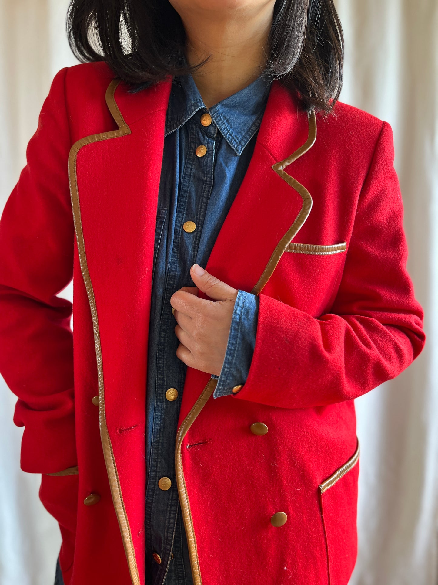 70s Cherry Red Wool Blazer with leather trims