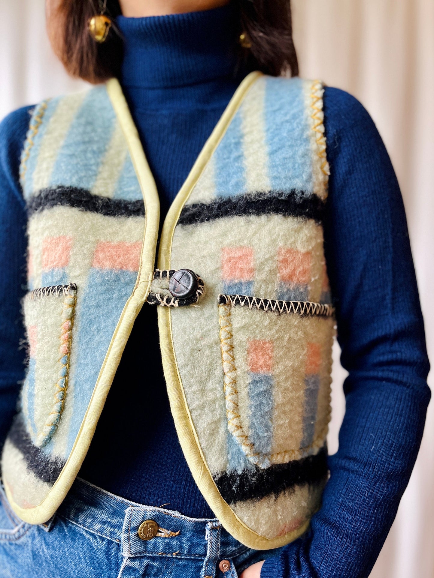 Repurposed Thick Boiled wool blanket turns Huggy Gilet