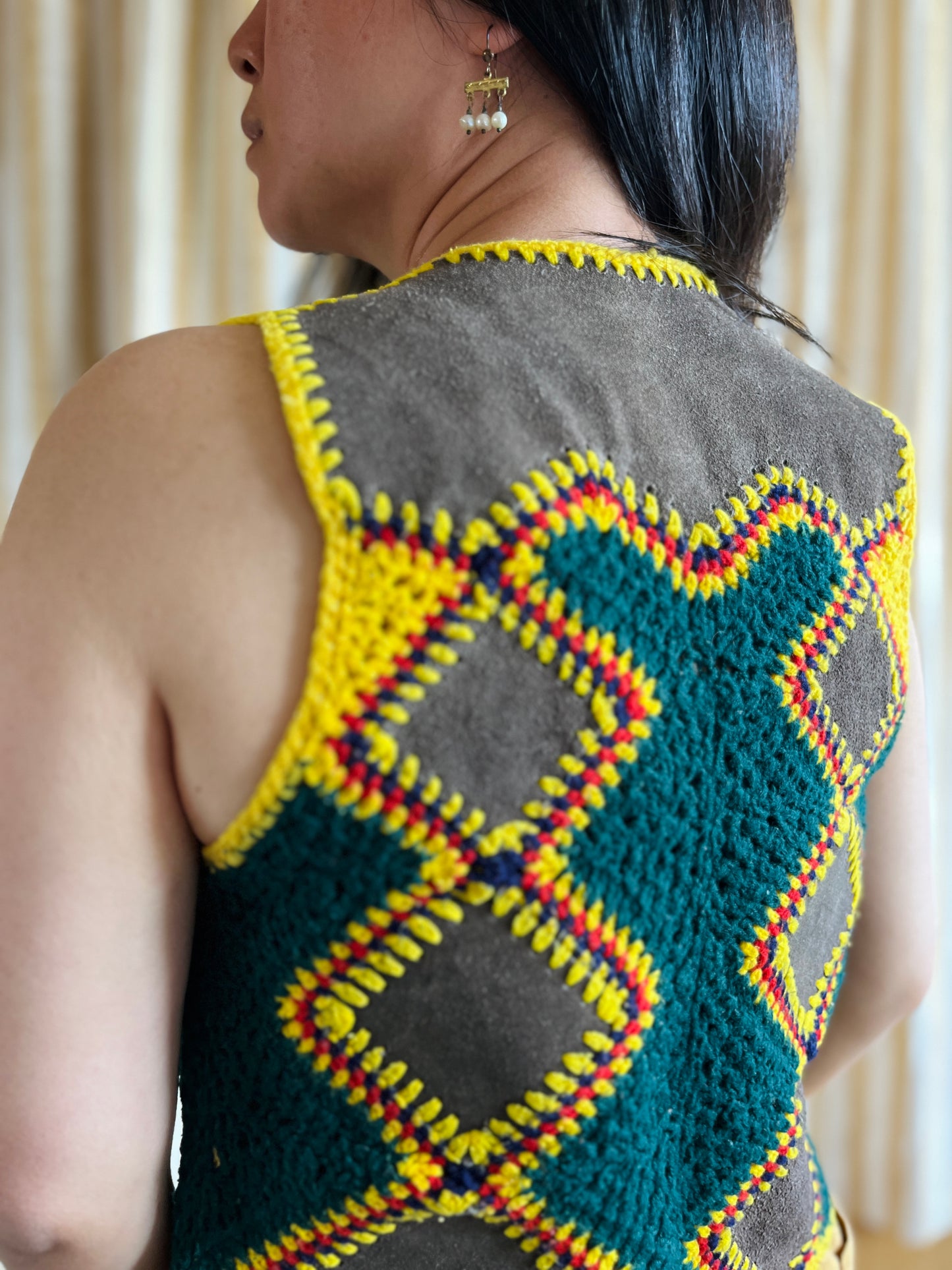 Vintage handmade Suede Crochet Patchwork Gilet