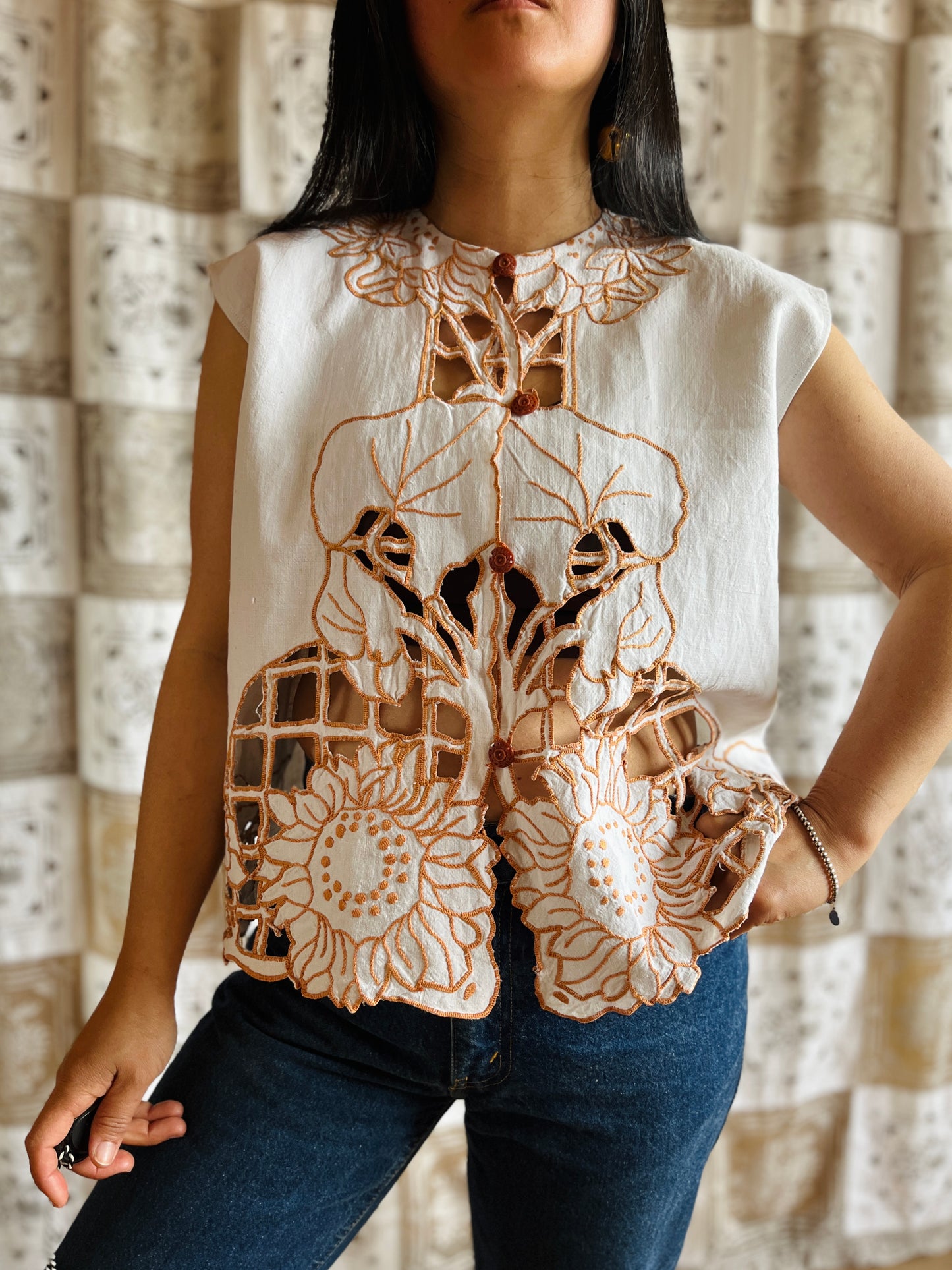 Sunflowers cut work antique top