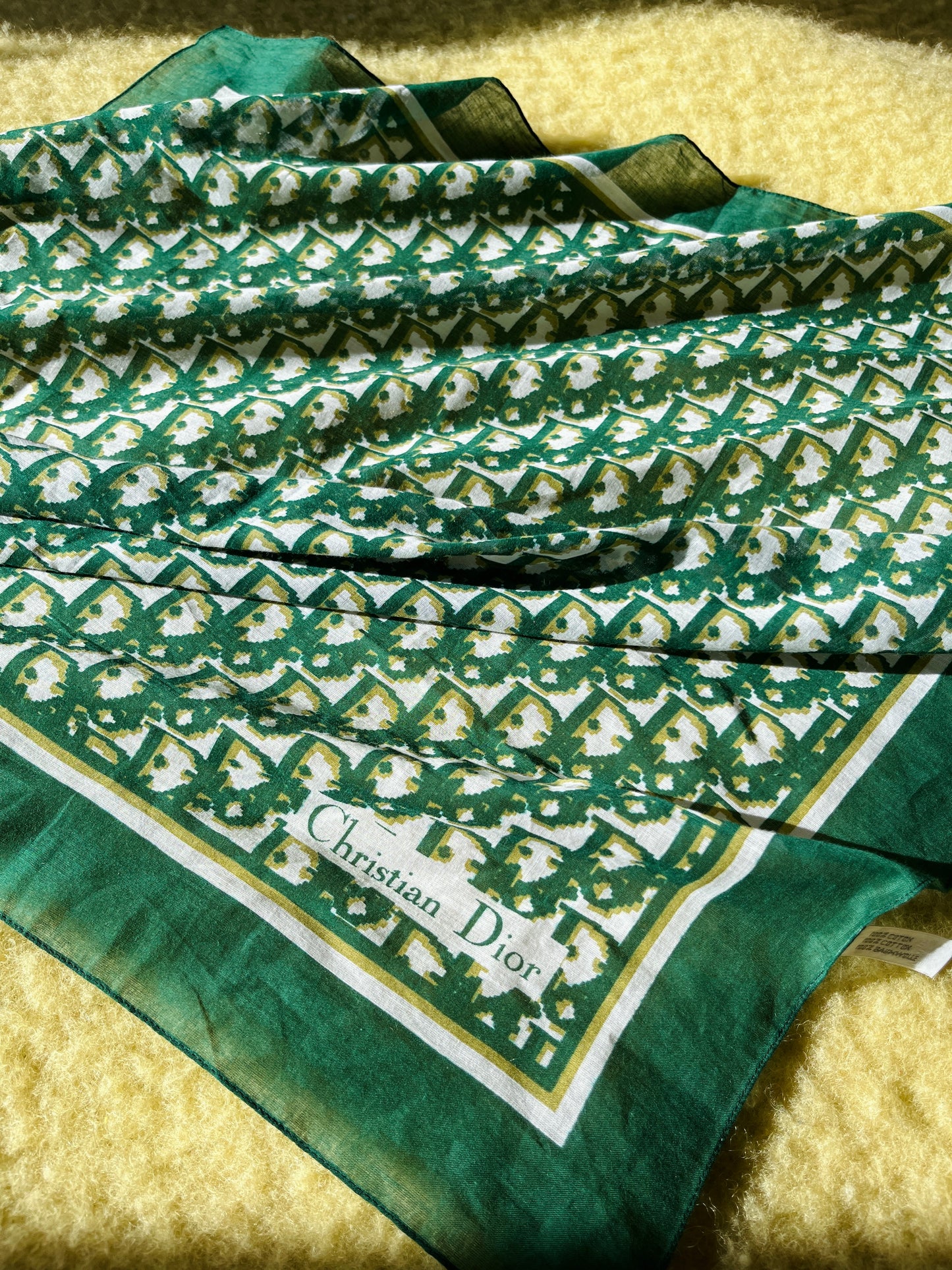 Vintage Christian Dior Monogram Green Cotton Square Scarf