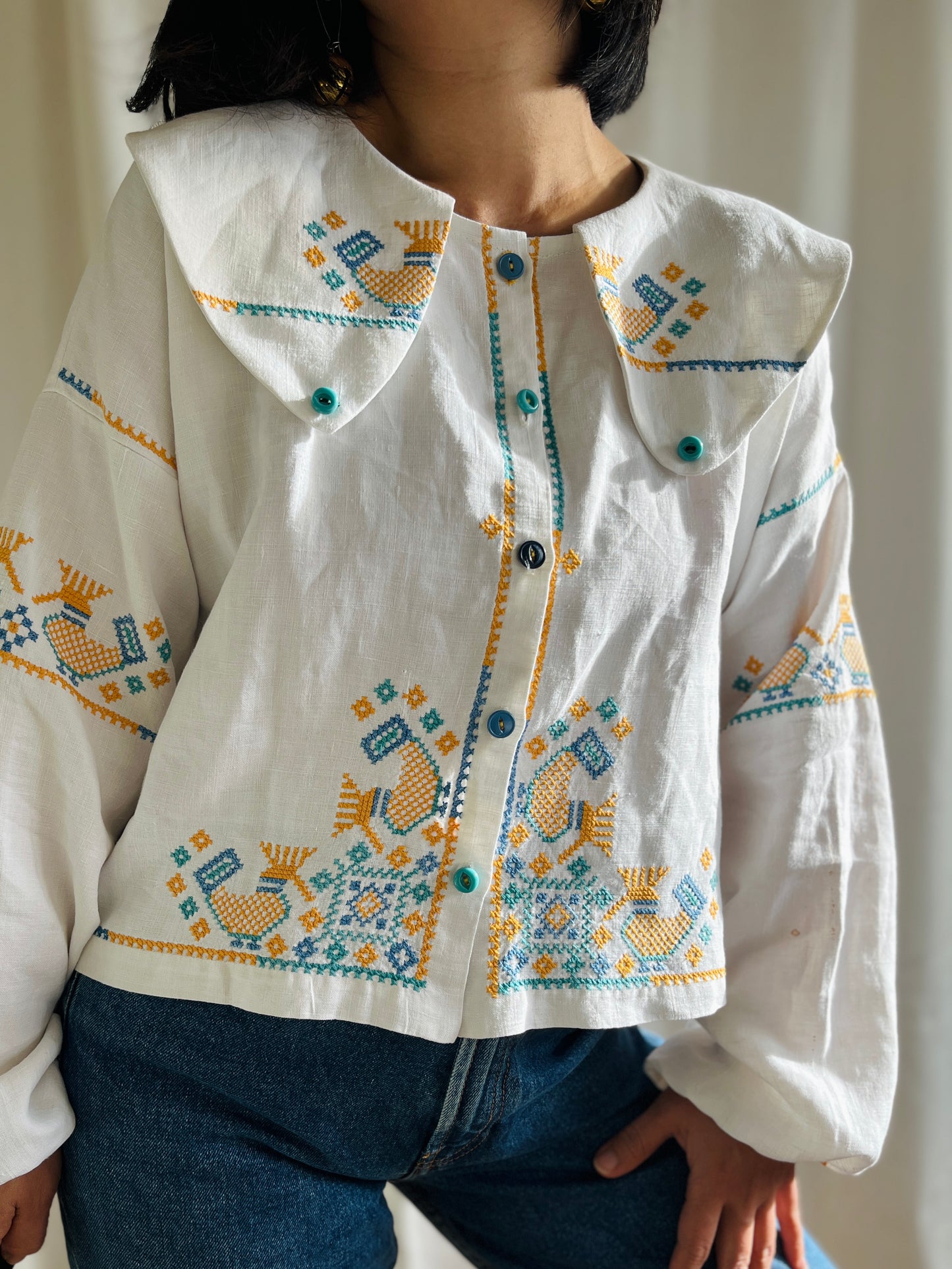 🎴 Love birds linen big collar blouse