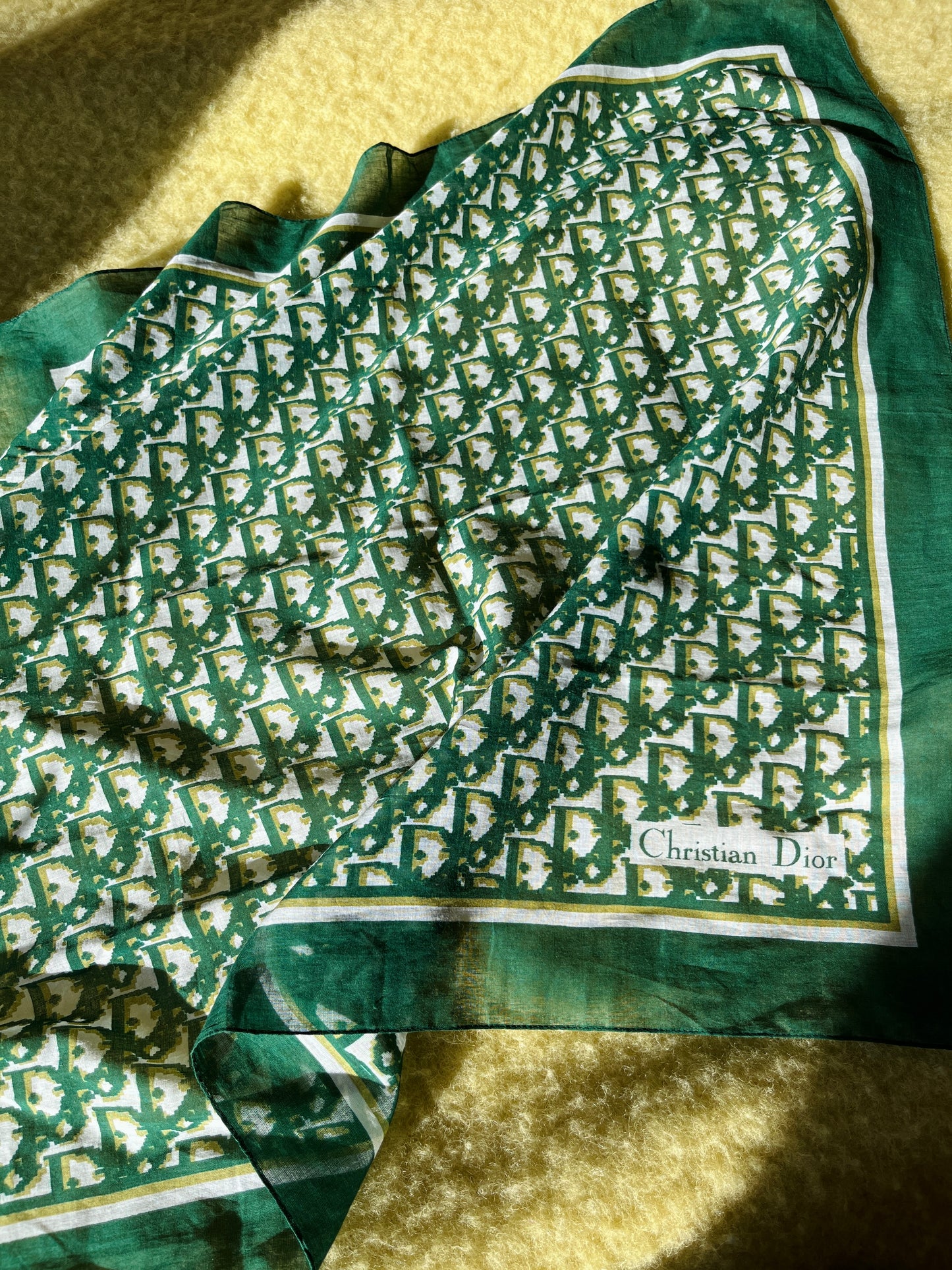 Vintage Christian Dior Monogram Green Cotton Square Scarf