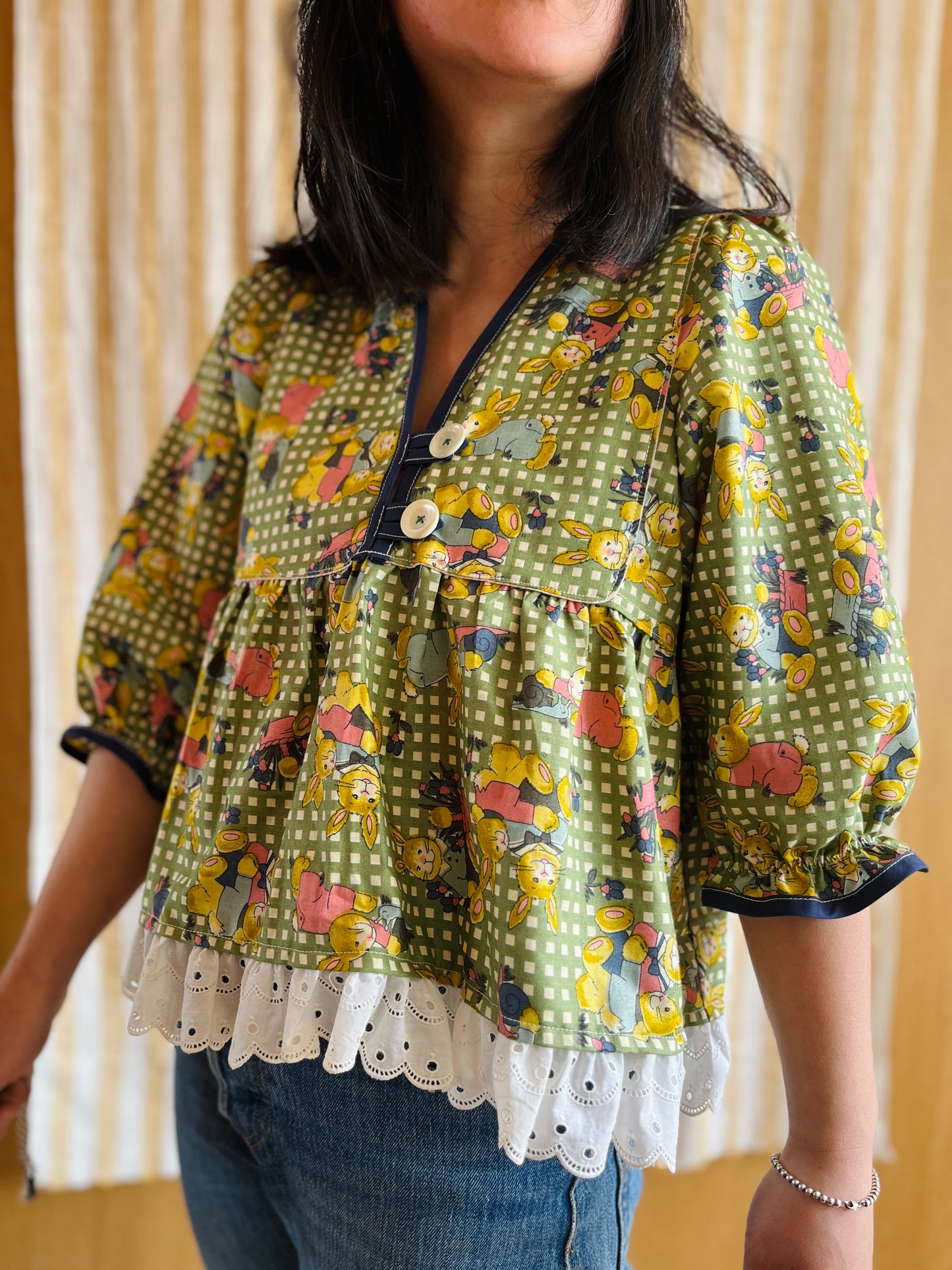 Rabbit and Snail vintage textile Goddess Blouse