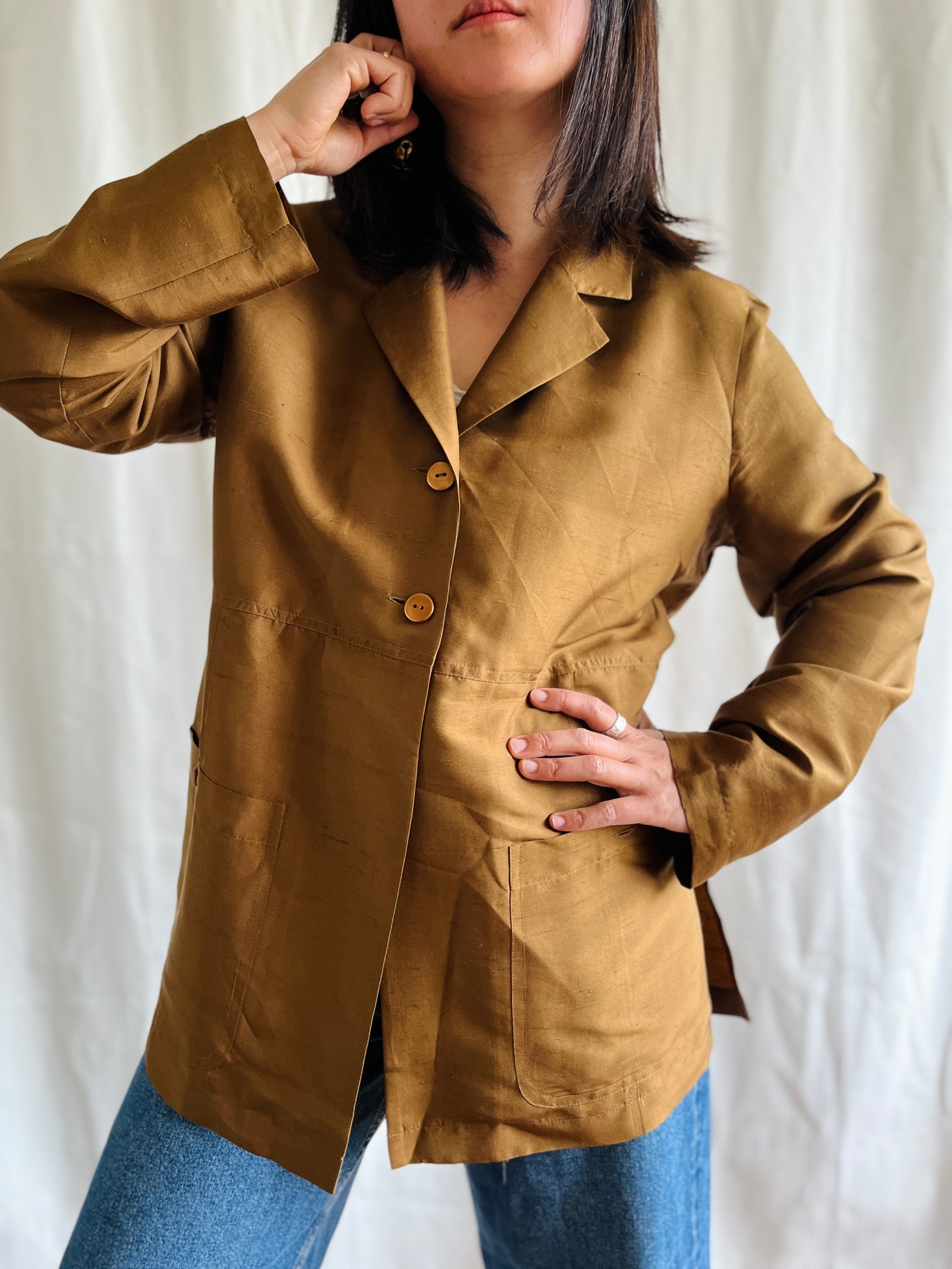 Luxury Vintage Air Thin Silk Designer Blazer In Copper Gold