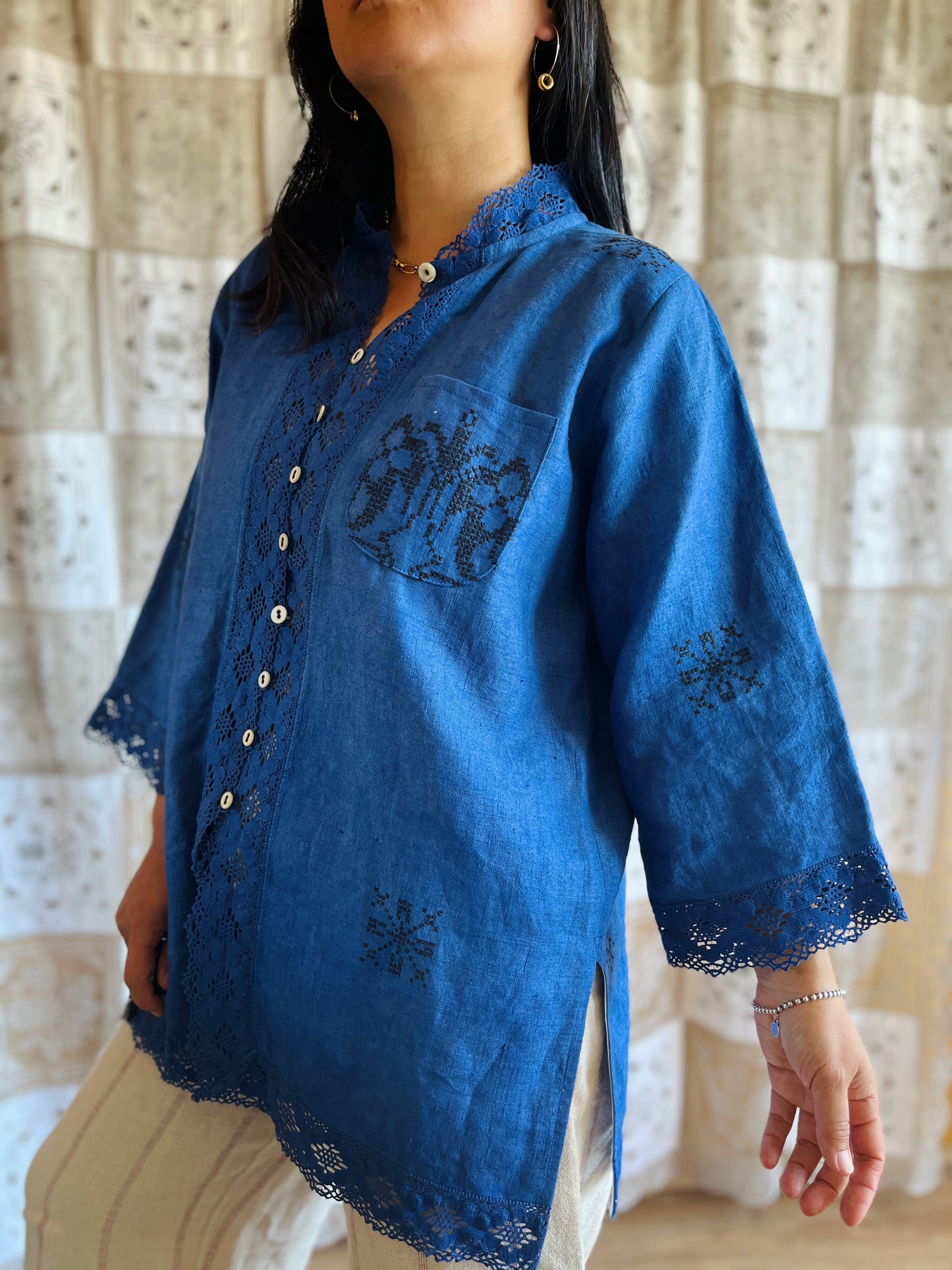 Indigo dyed loose fit linen shirt