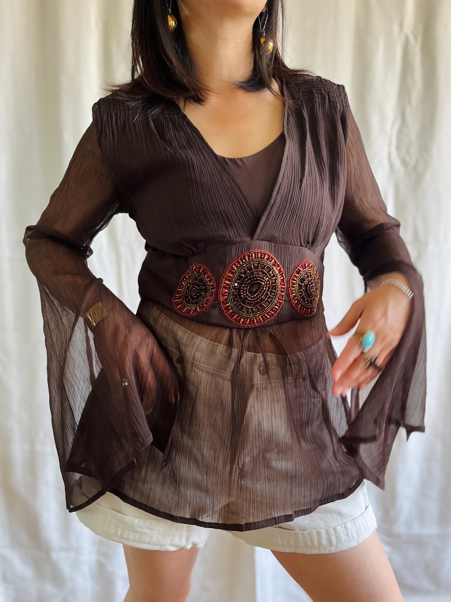 Indian Open Sleeves Beaded Tunic Deep V Goddess