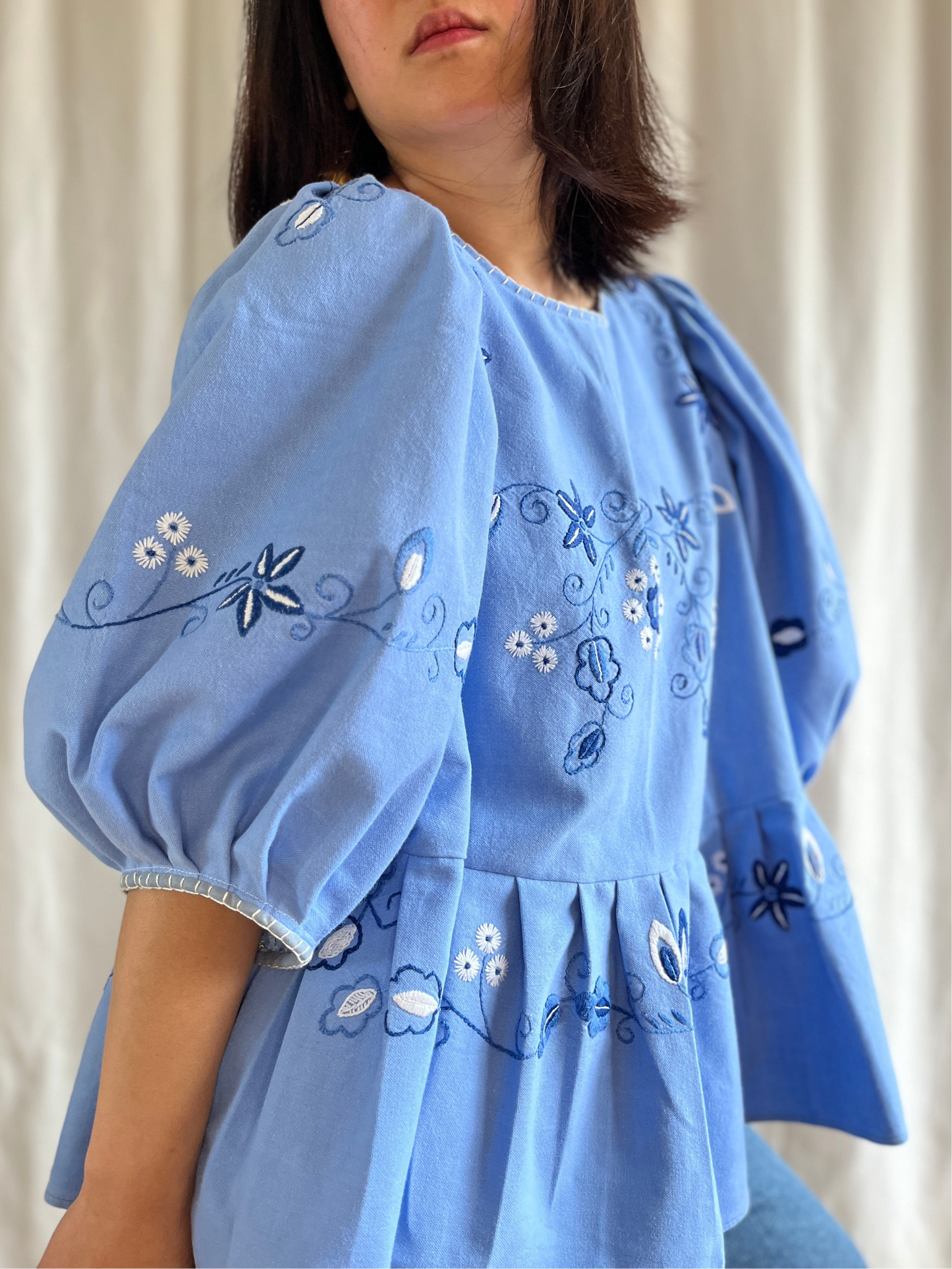 Hand Embroidered Blue Daisy Dolly tunic