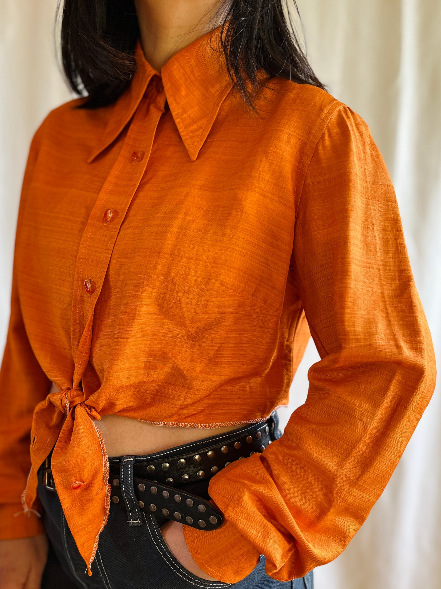 70s Pointy Collar copper metallic orange festive cropped shirt