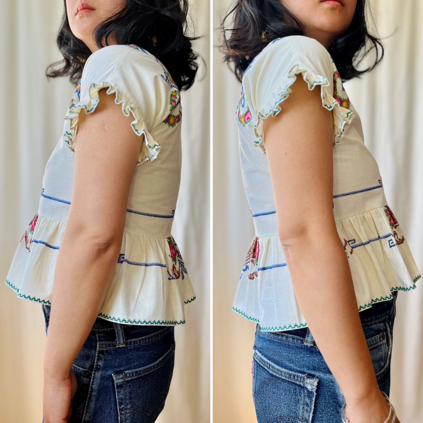 Thursday Blouse (Petite) - Repurpose from vintage hand embroidered table linen