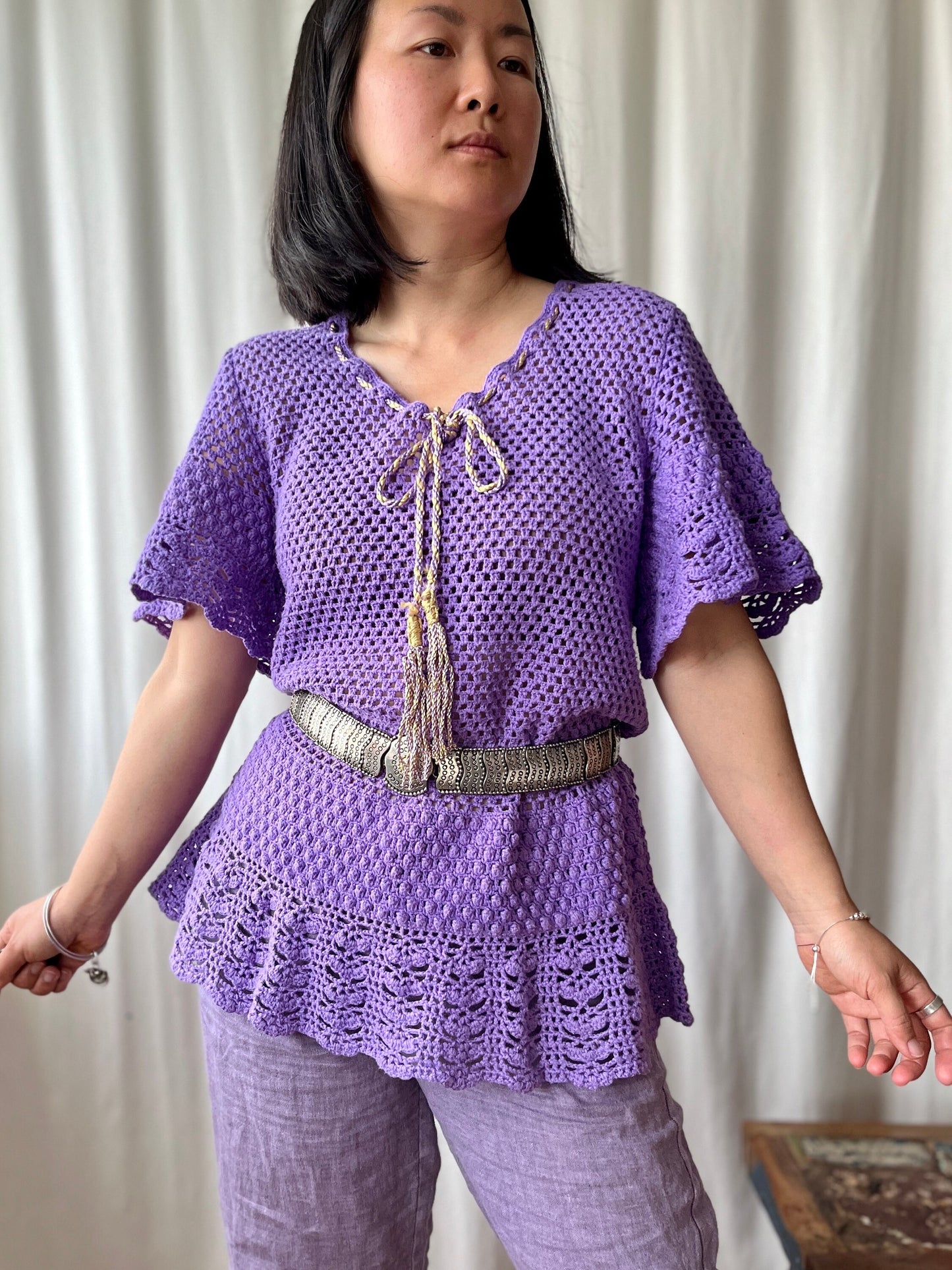 Handmade Vintage Crochet romantic lilac pullover with bell sleeves