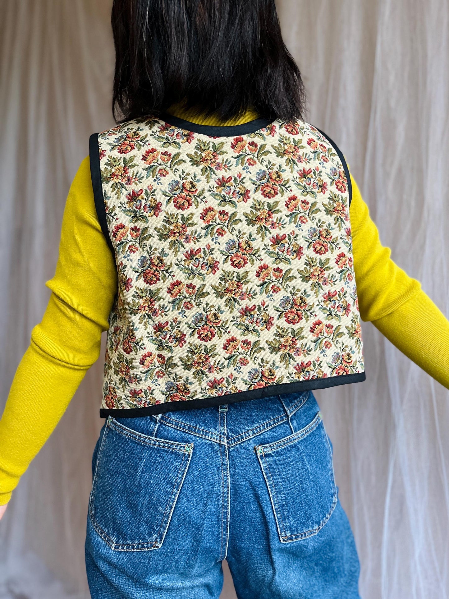 Double sided Sweater Gilet made from Vintage tapestry and Appliqué tablecloth