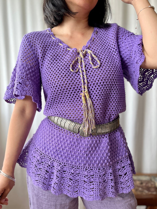 Handmade Vintage Crochet romantic lilac pullover with bell sleeves