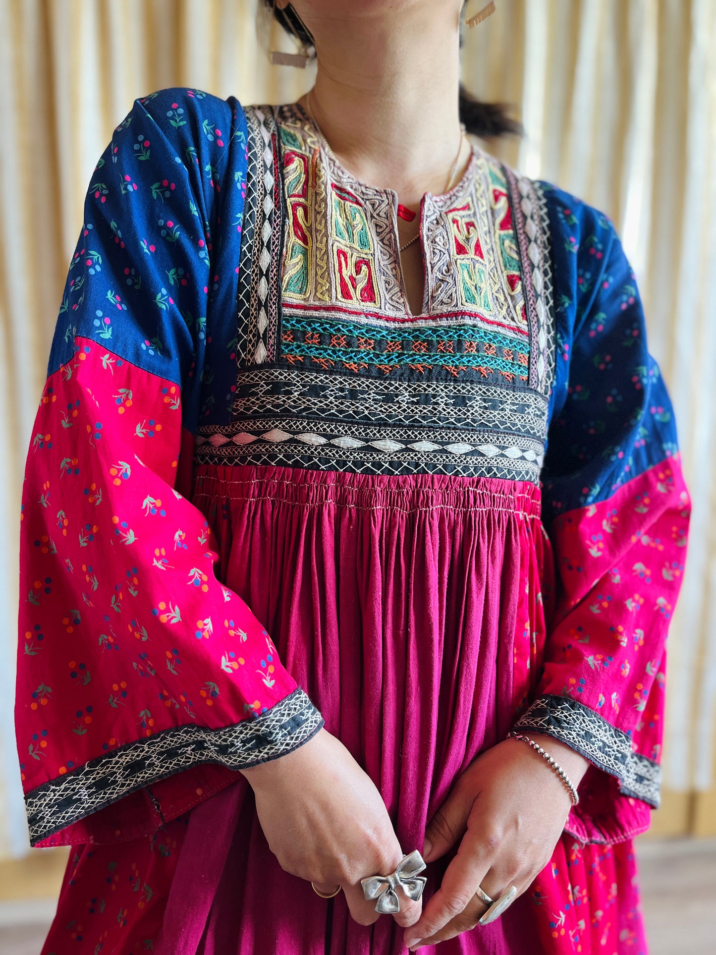 Afghan folk dress Smocking hand embroidery maxi dress